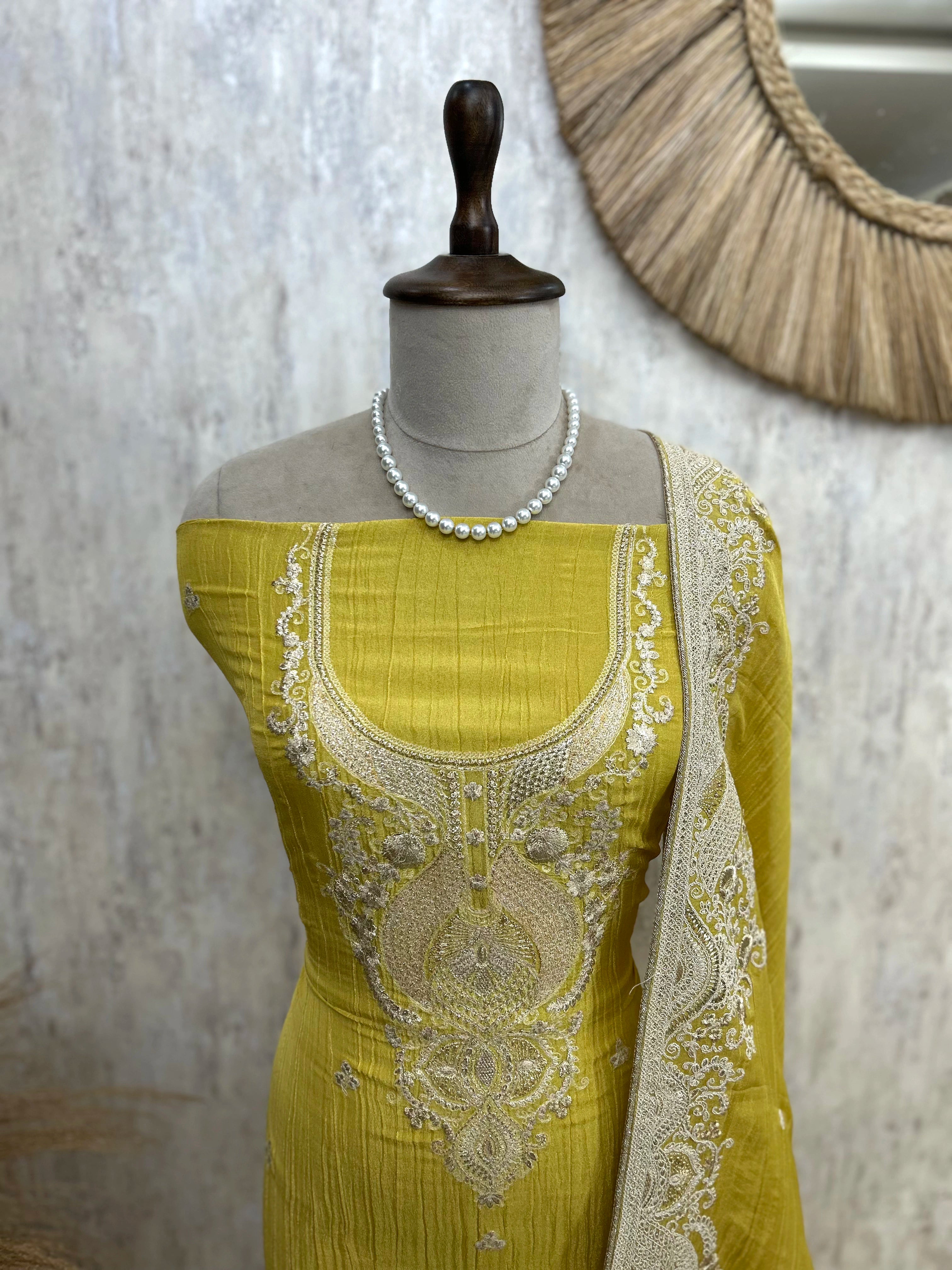Crust Tissue Unstitched Suit Set With Zari Work
