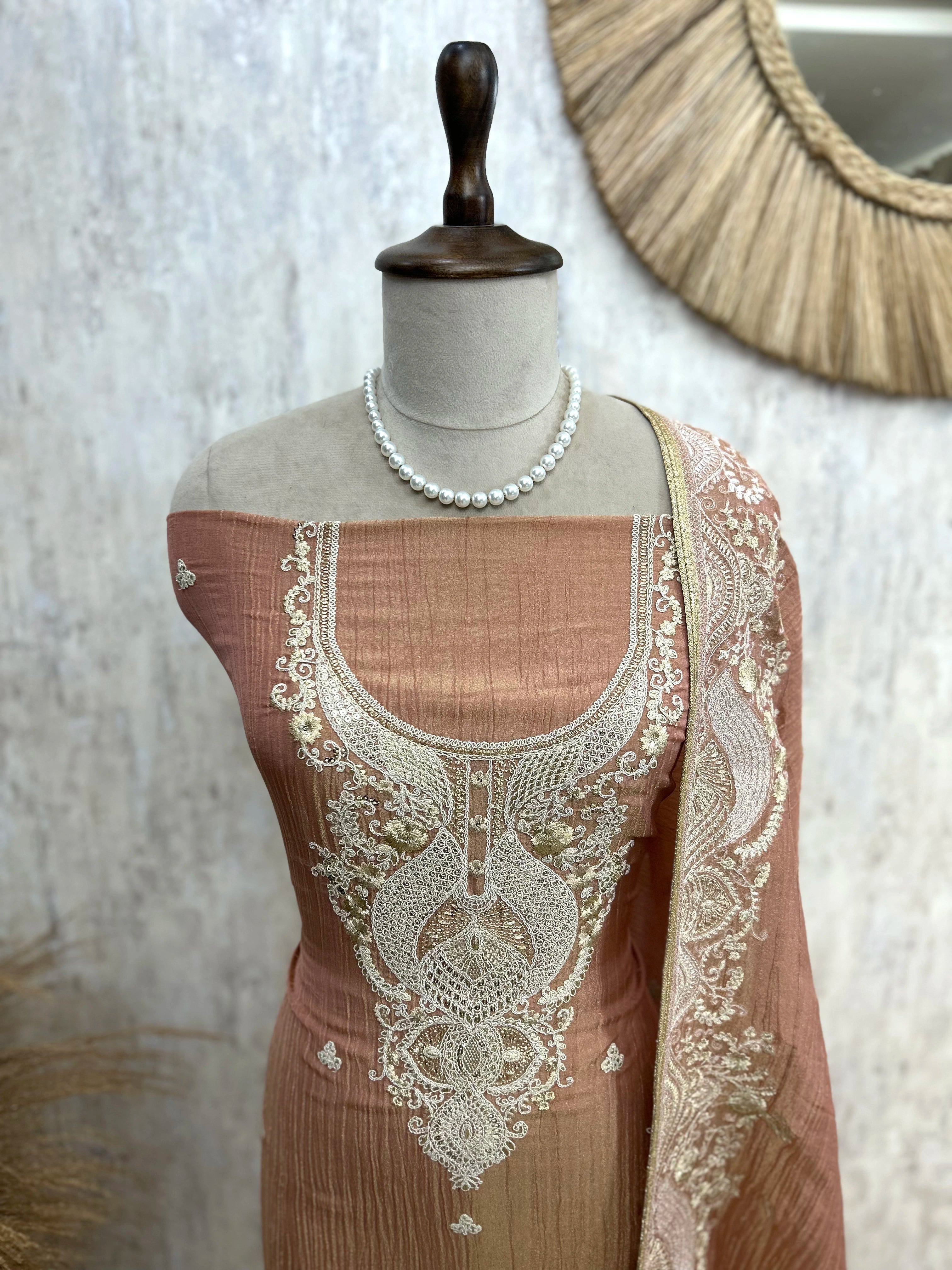 Crust Tissue Unstitched Suit Set With Zari Work