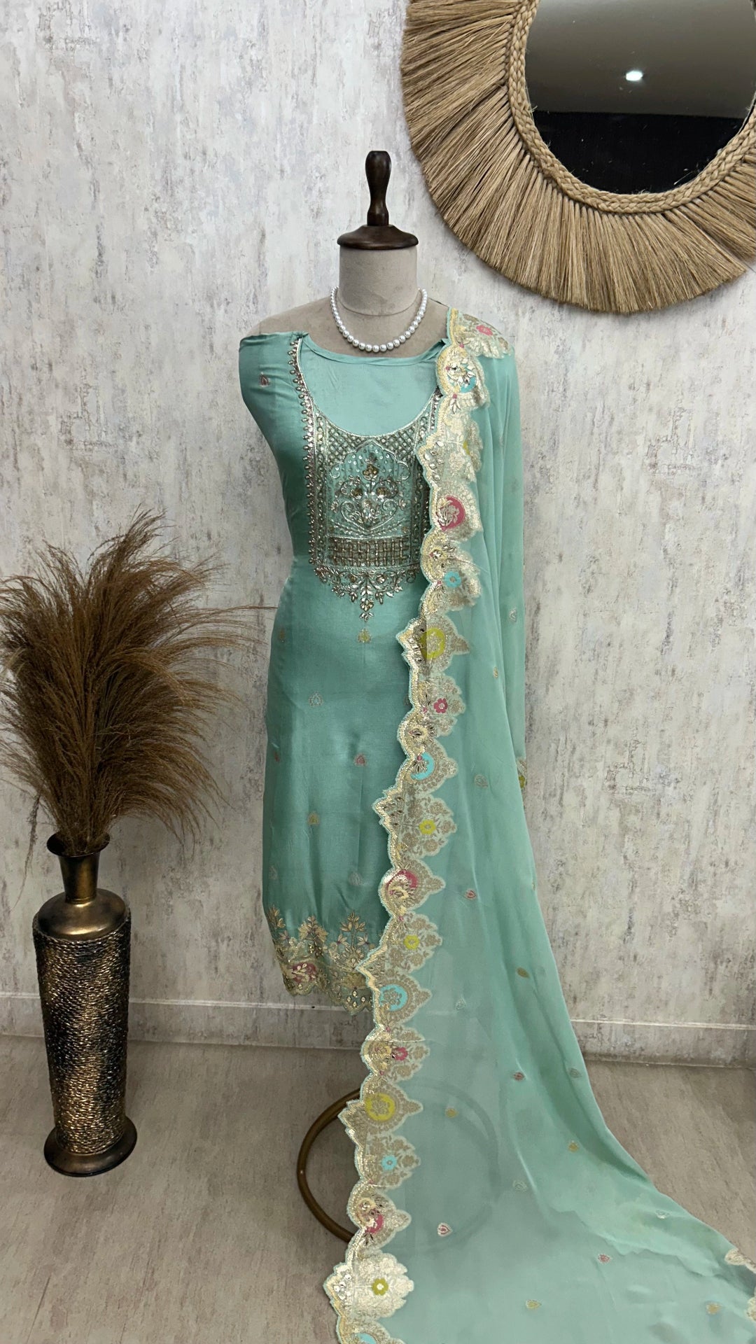 Organza Unstitched Suit Set With Gota & Pearl Detailing