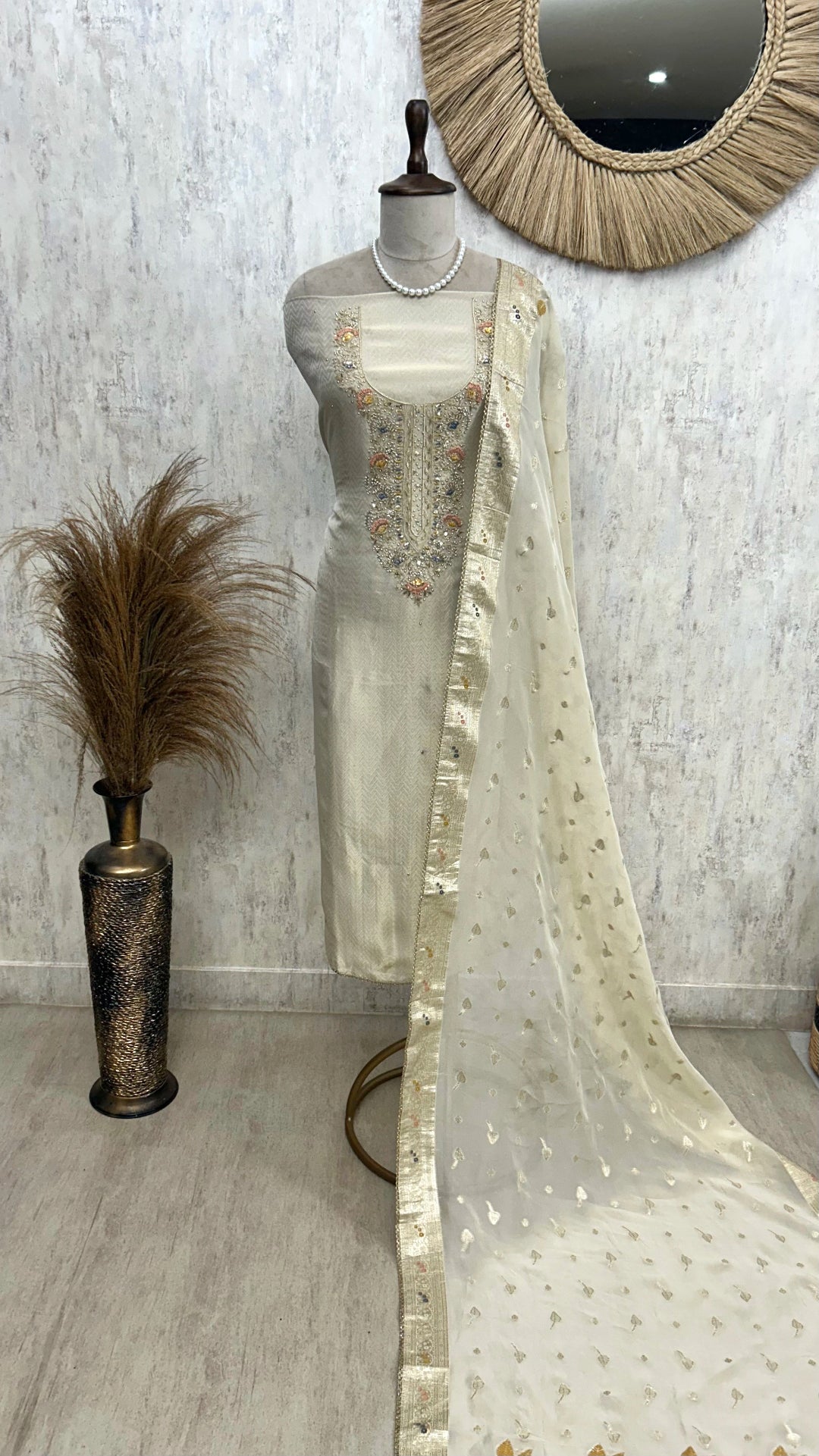 Tissue Unstitched Suit Set With Dola Silk Dupatta
