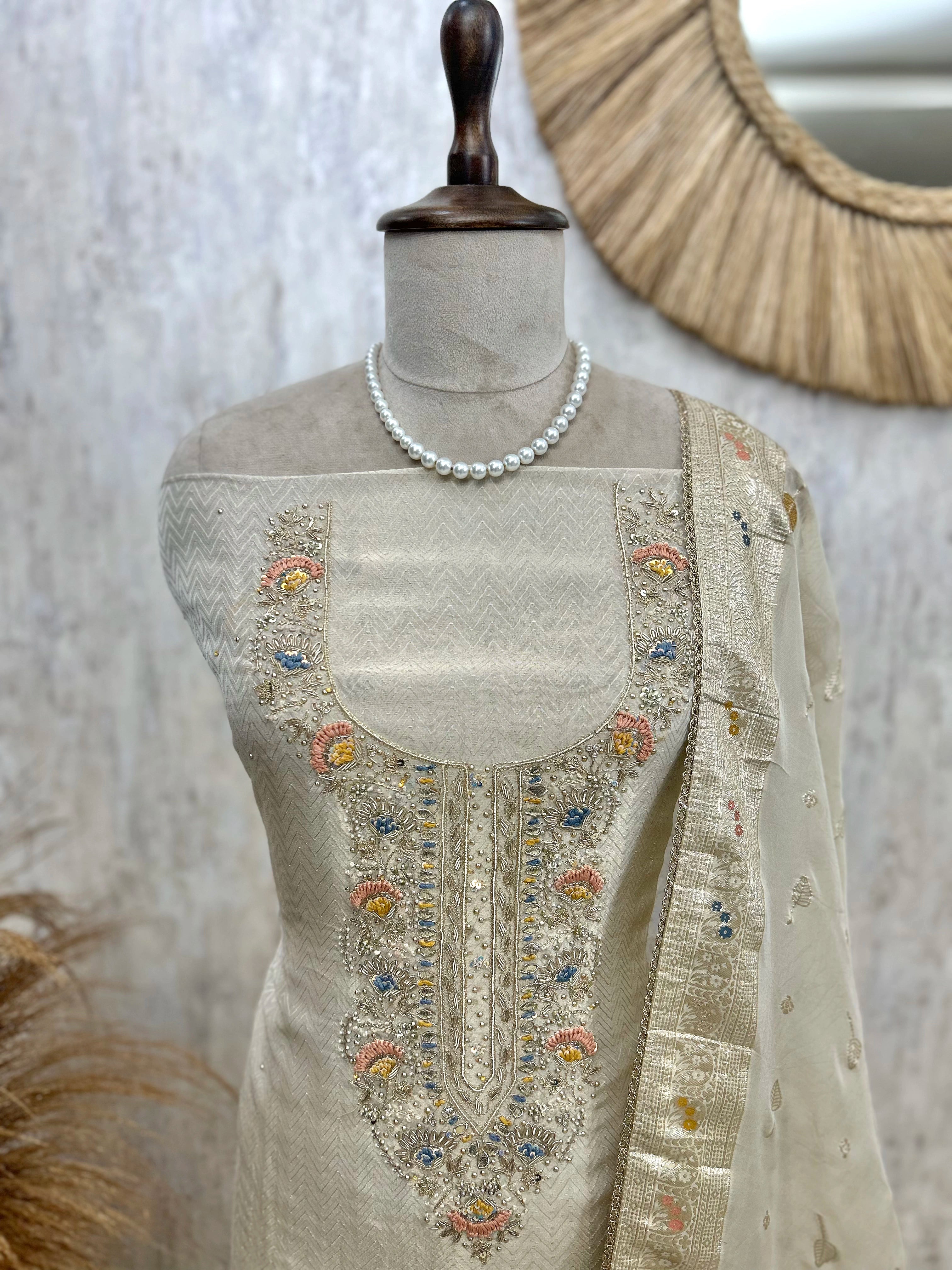 Tissue Unstitched Suit Set With Dola Silk Dupatta