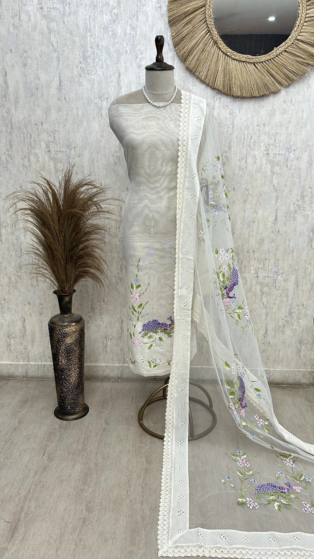 Floral Peacock Embroidery Unstitched Suit