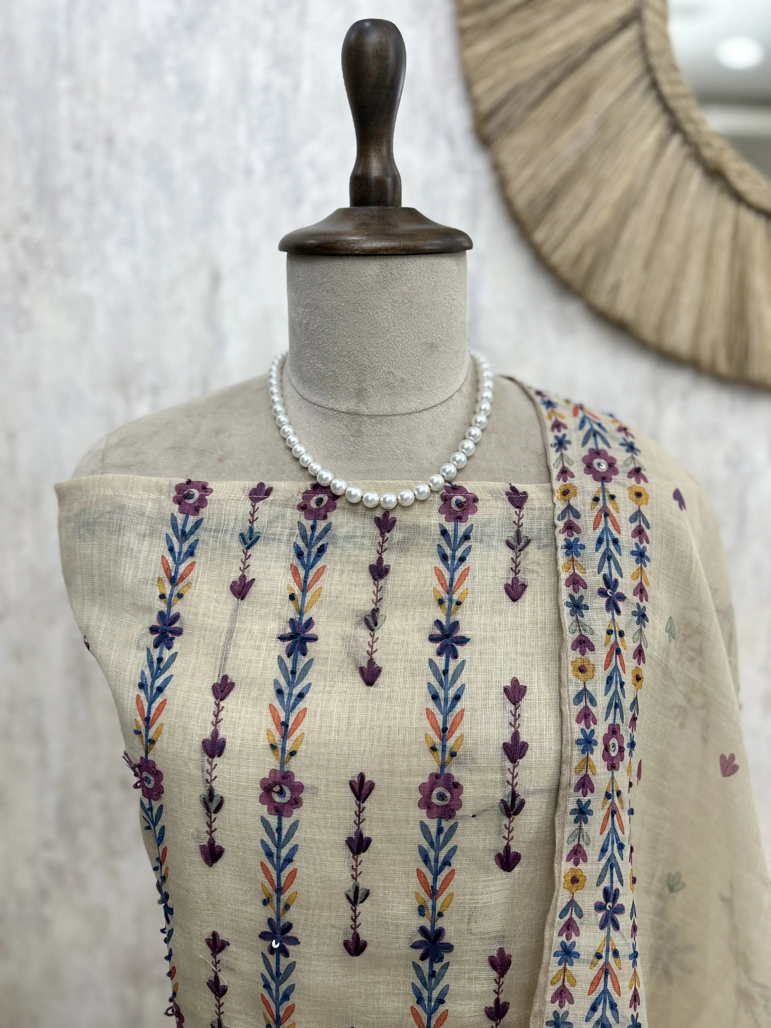 Jamdani Linen Unstitched Suit Set With Kantha Work
