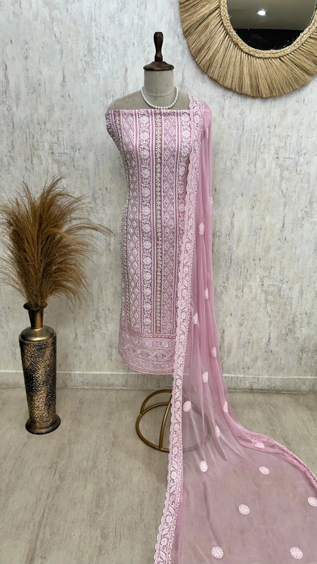 Lucknowi Pearl Work Georgette Unstitched Suit Set