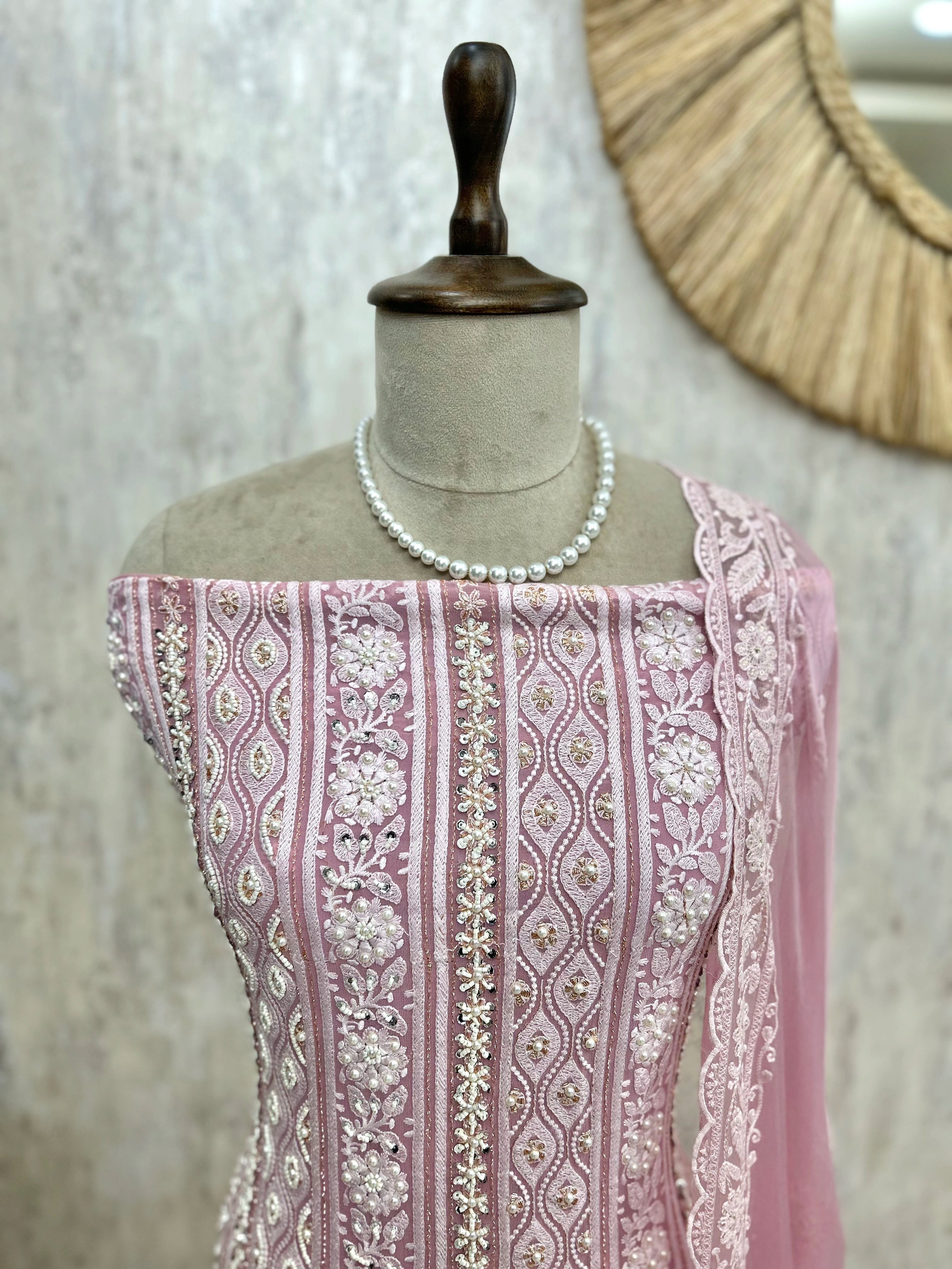 Lucknowi Pearl Work Georgette Unstitched Suit Set