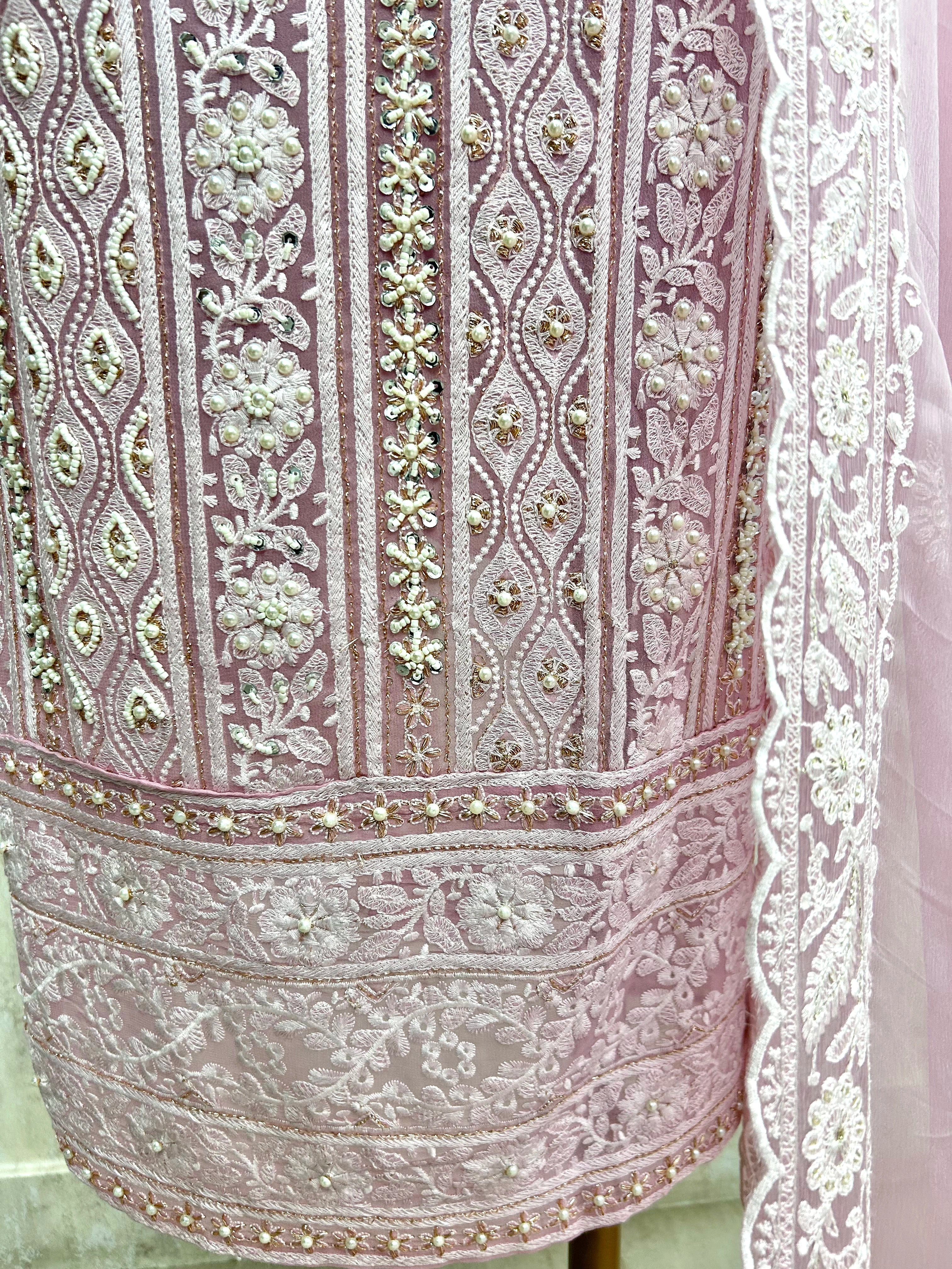 Lucknowi Pearl Work Georgette Unstitched Suit Set