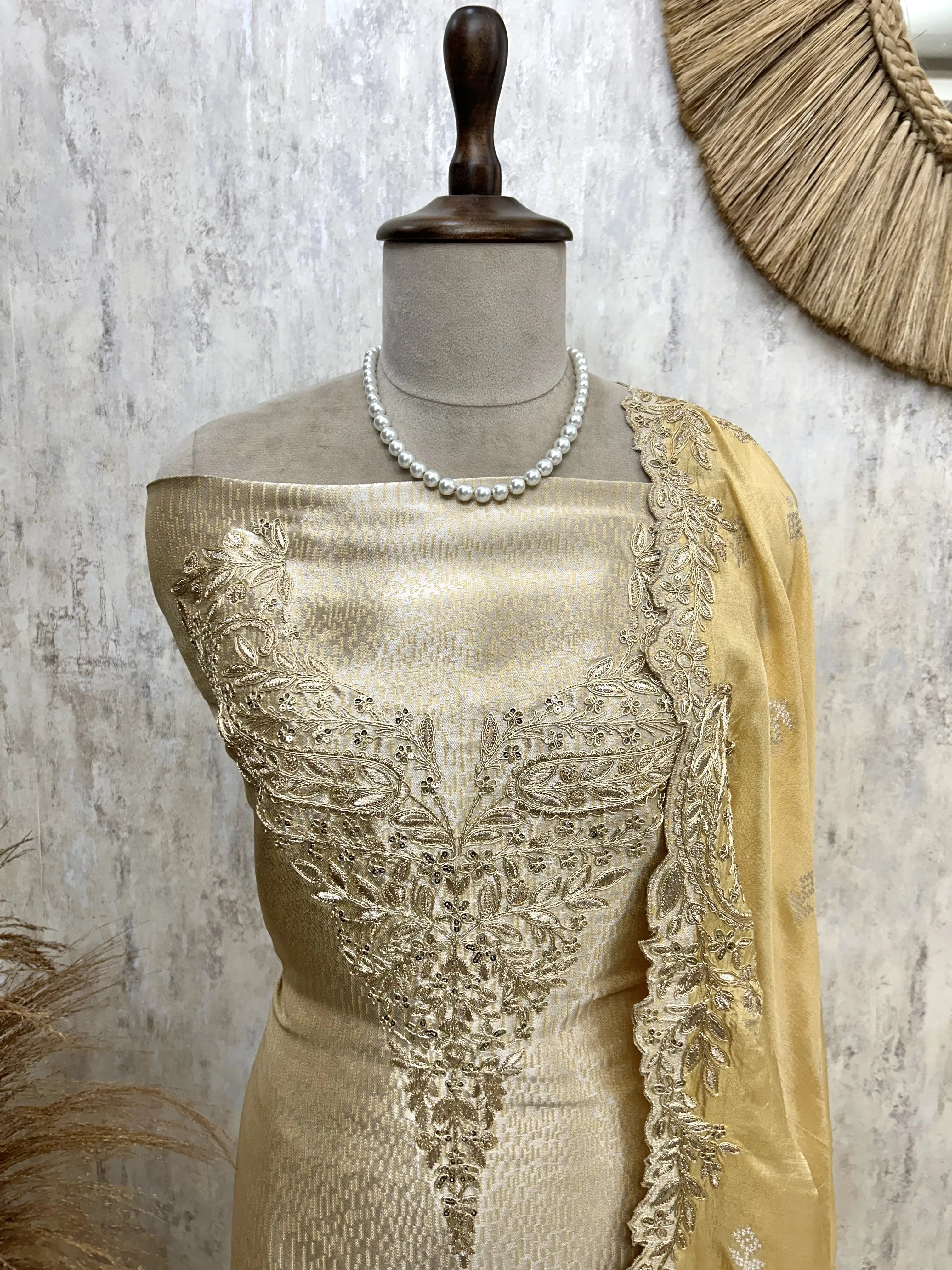Brocade Silk Unstitched Suit Set With Silk Dupatta
