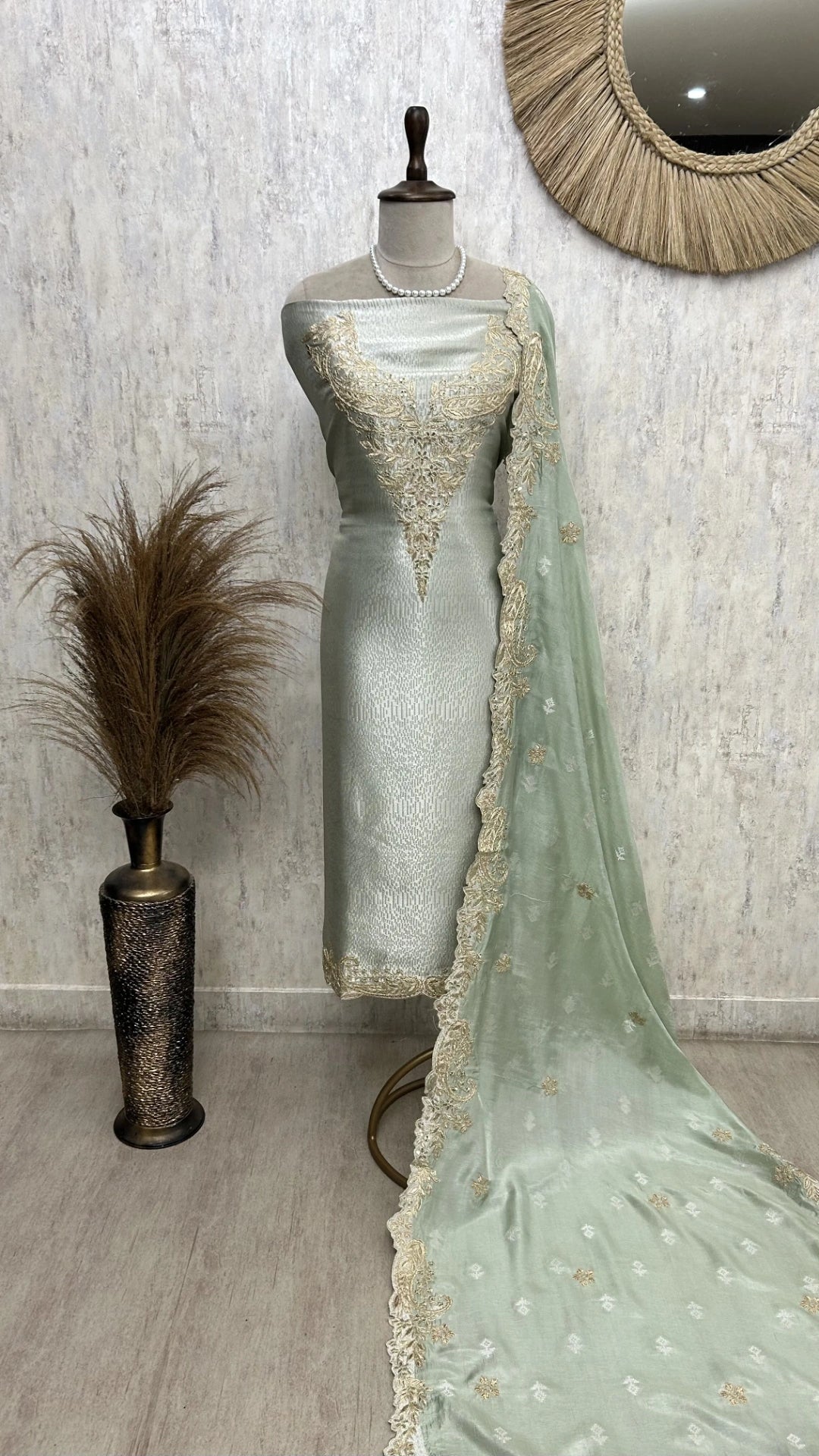 Brocade Silk Unstitched Suit Set With Silk Dupatta