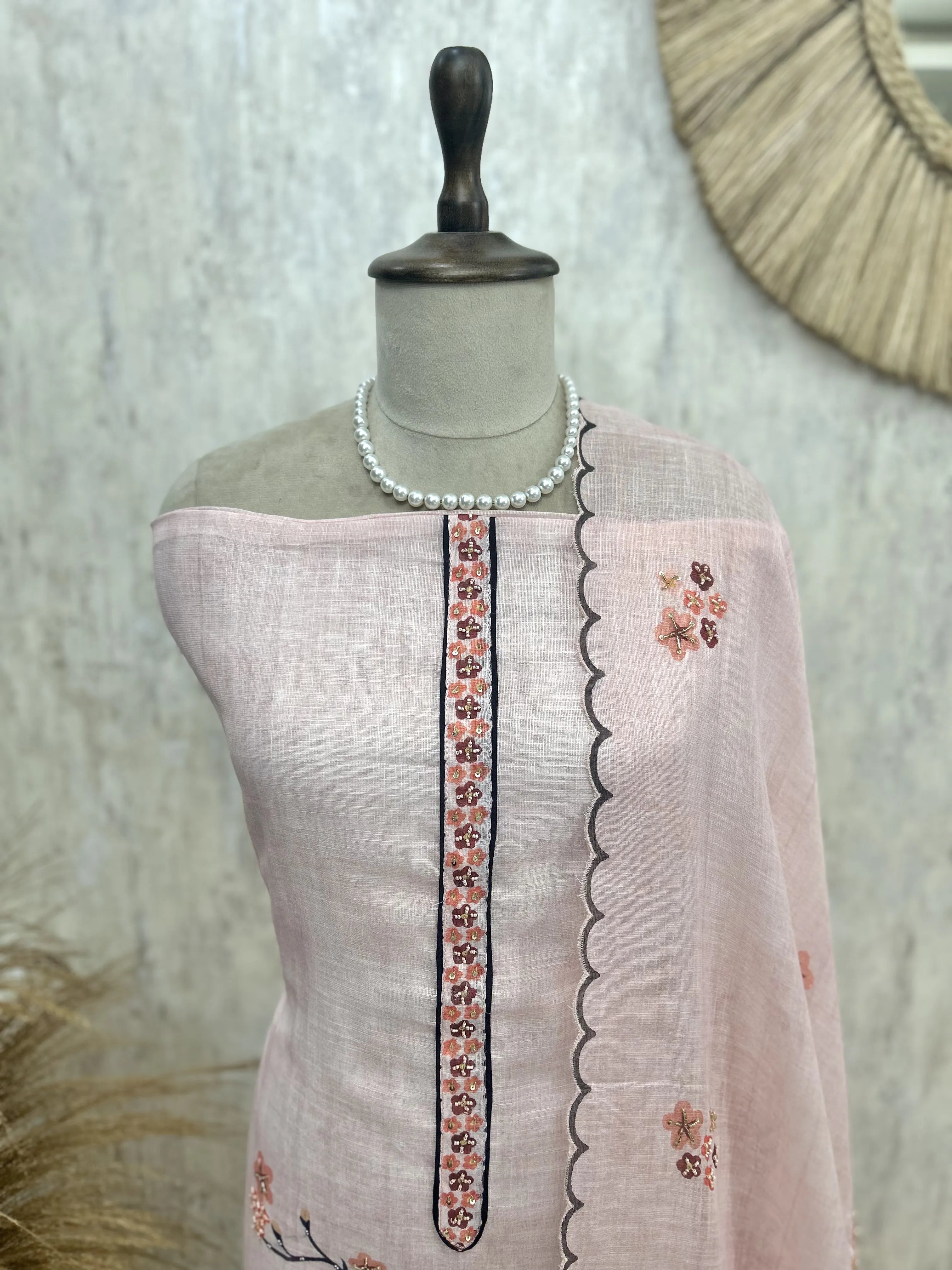 Linen Unstitched Suit Set With Handwork