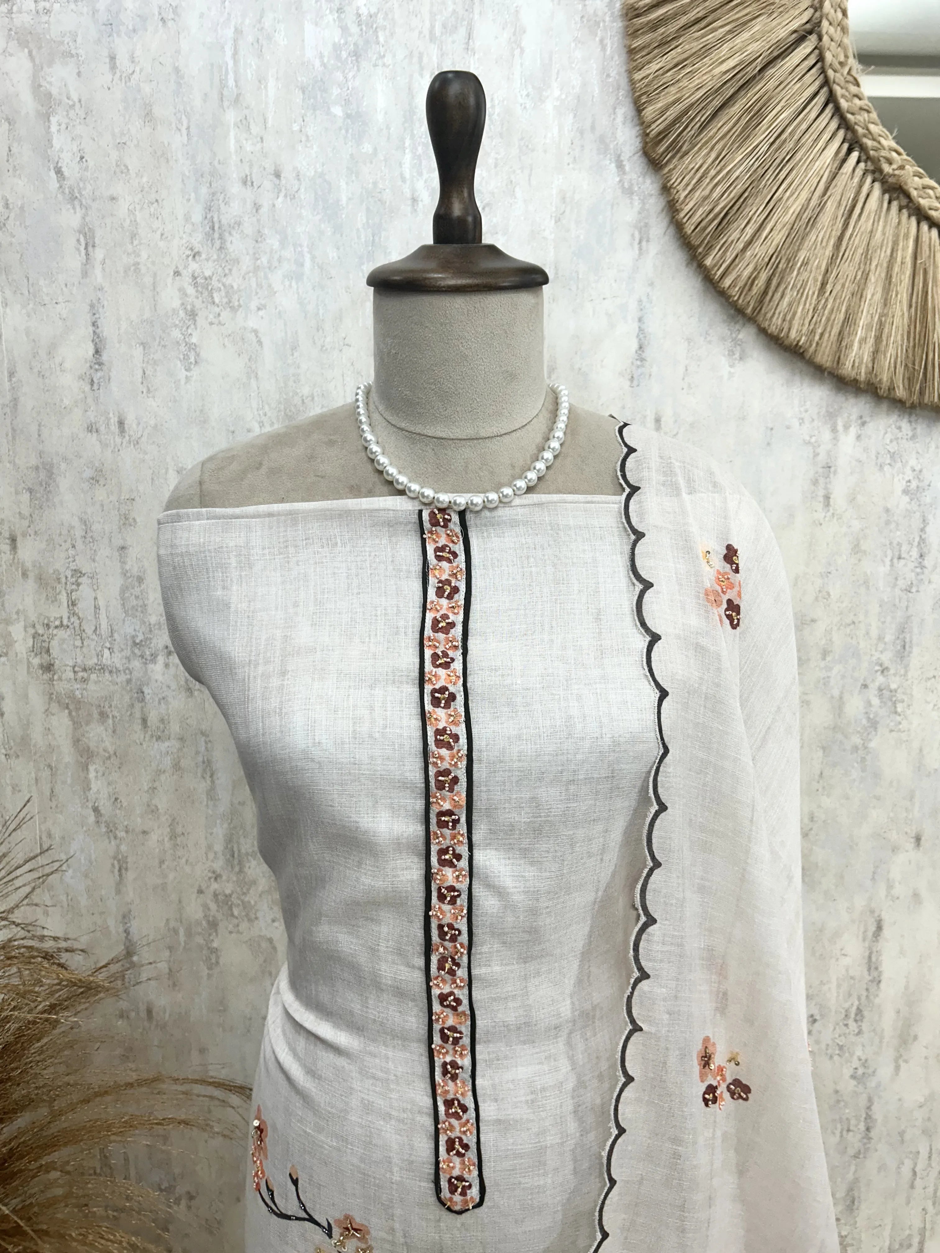 Linen Unstitched Suit Set With Handwork
