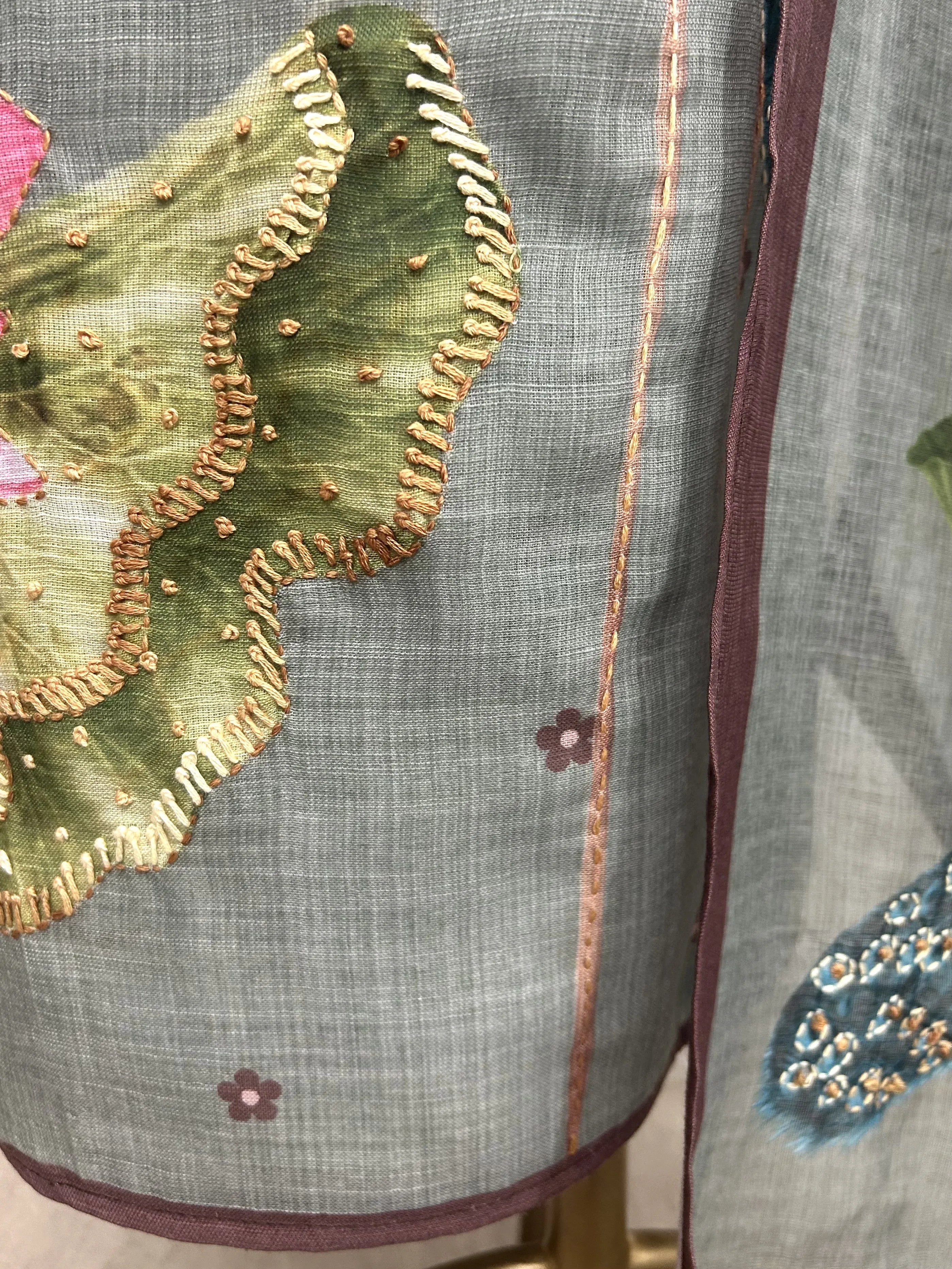 Linen Unstitched Suit Set With Kantha Work