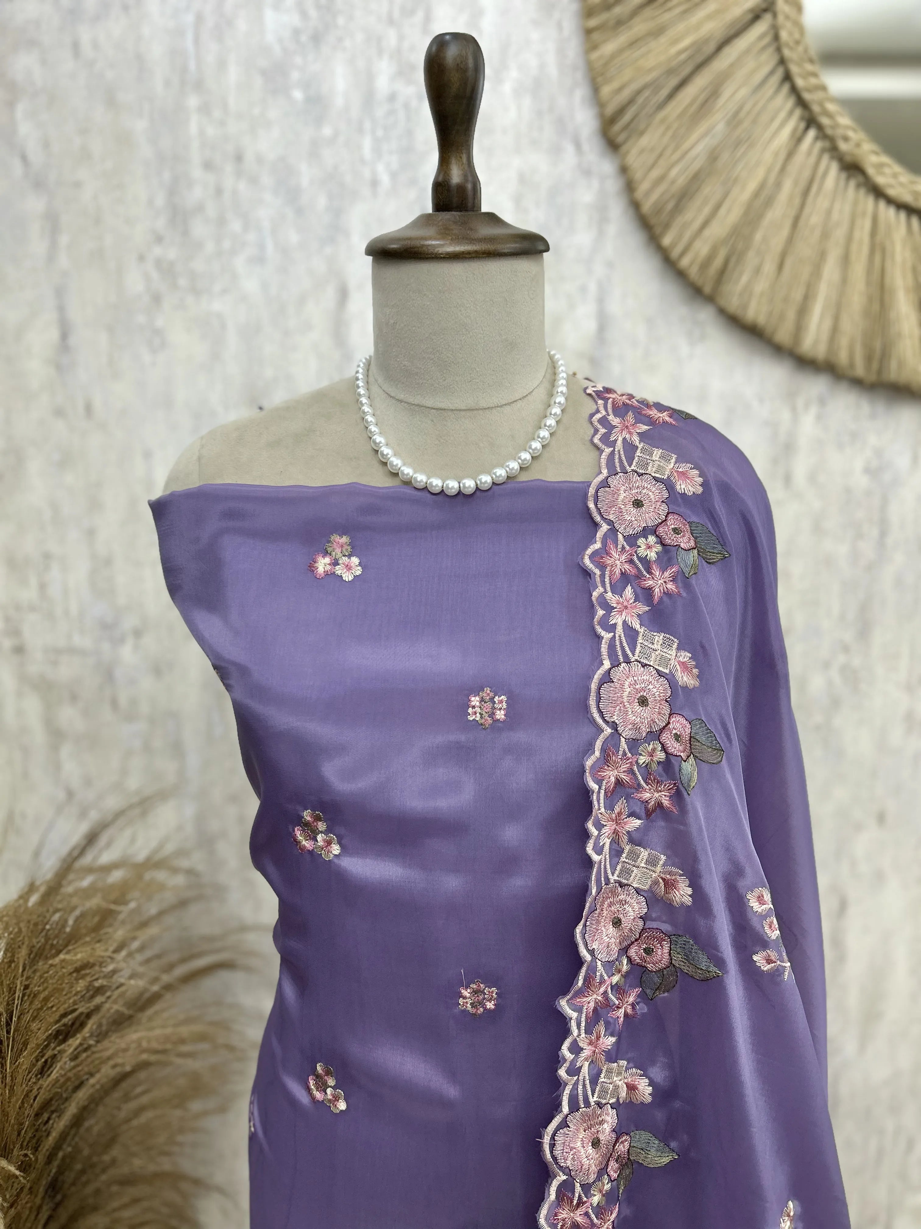Glass Organza Unstitched Suit Set With Thread Work