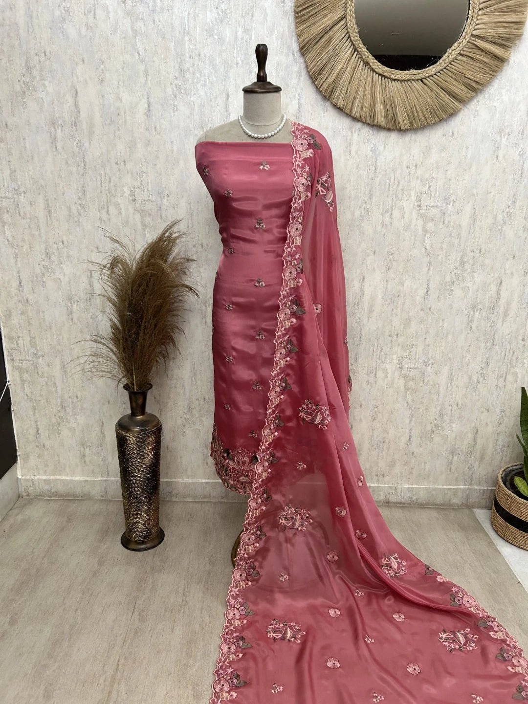 Glass Organza Unstitched Suit Set With Thread Work