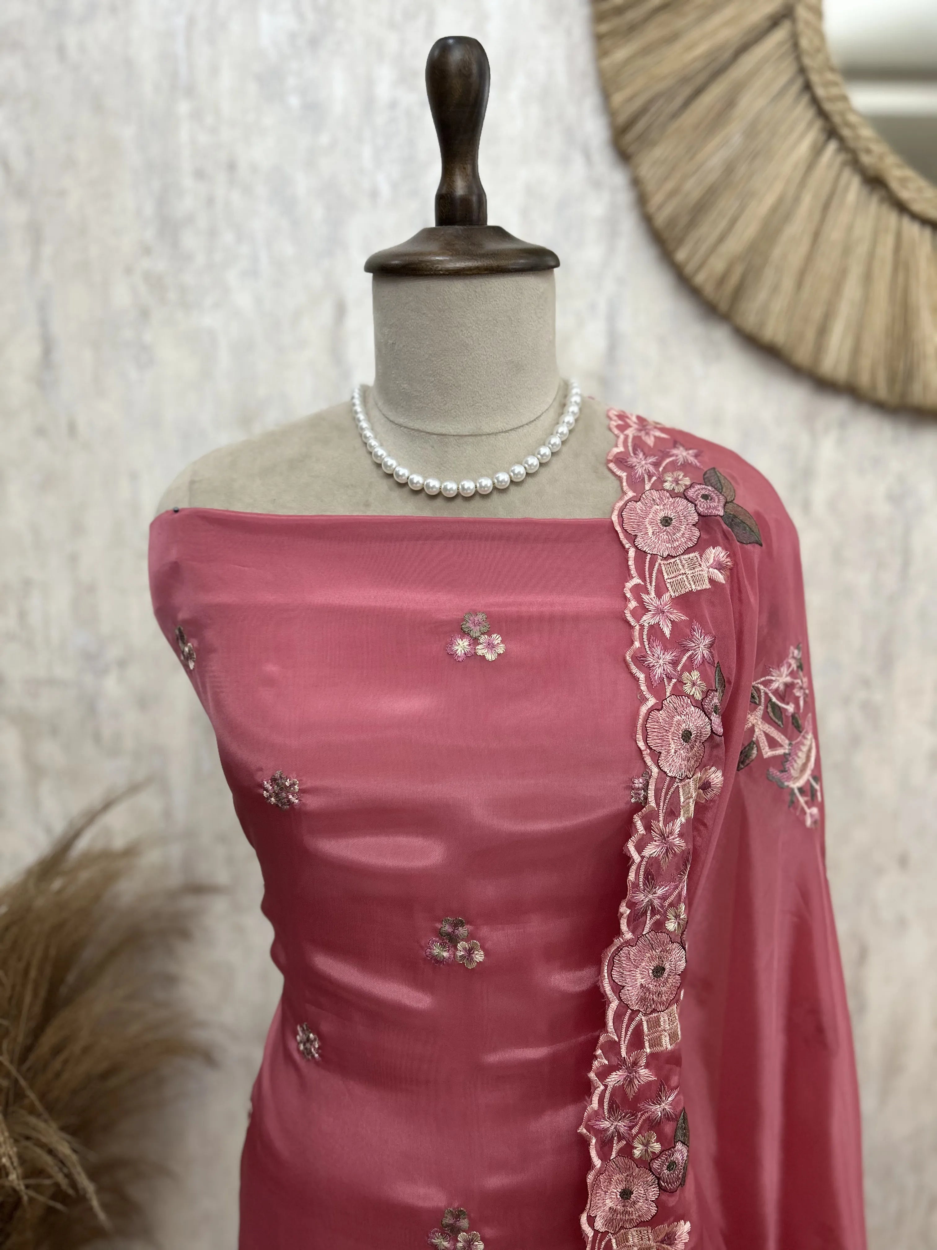 Glass Organza Unstitched Suit Set With Thread Work