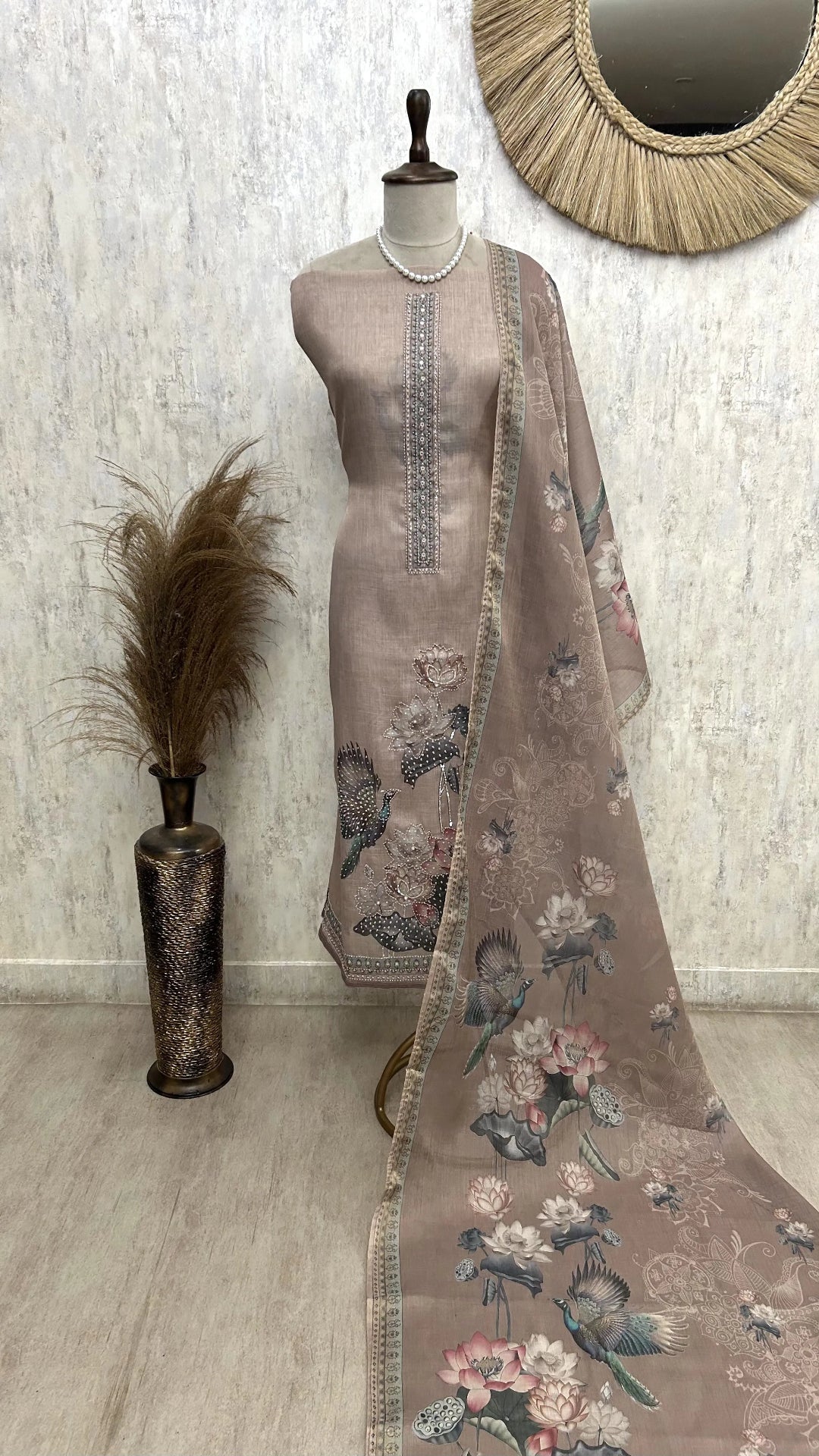Tissue Linen Unstitched Suit Set With Kantha Work
