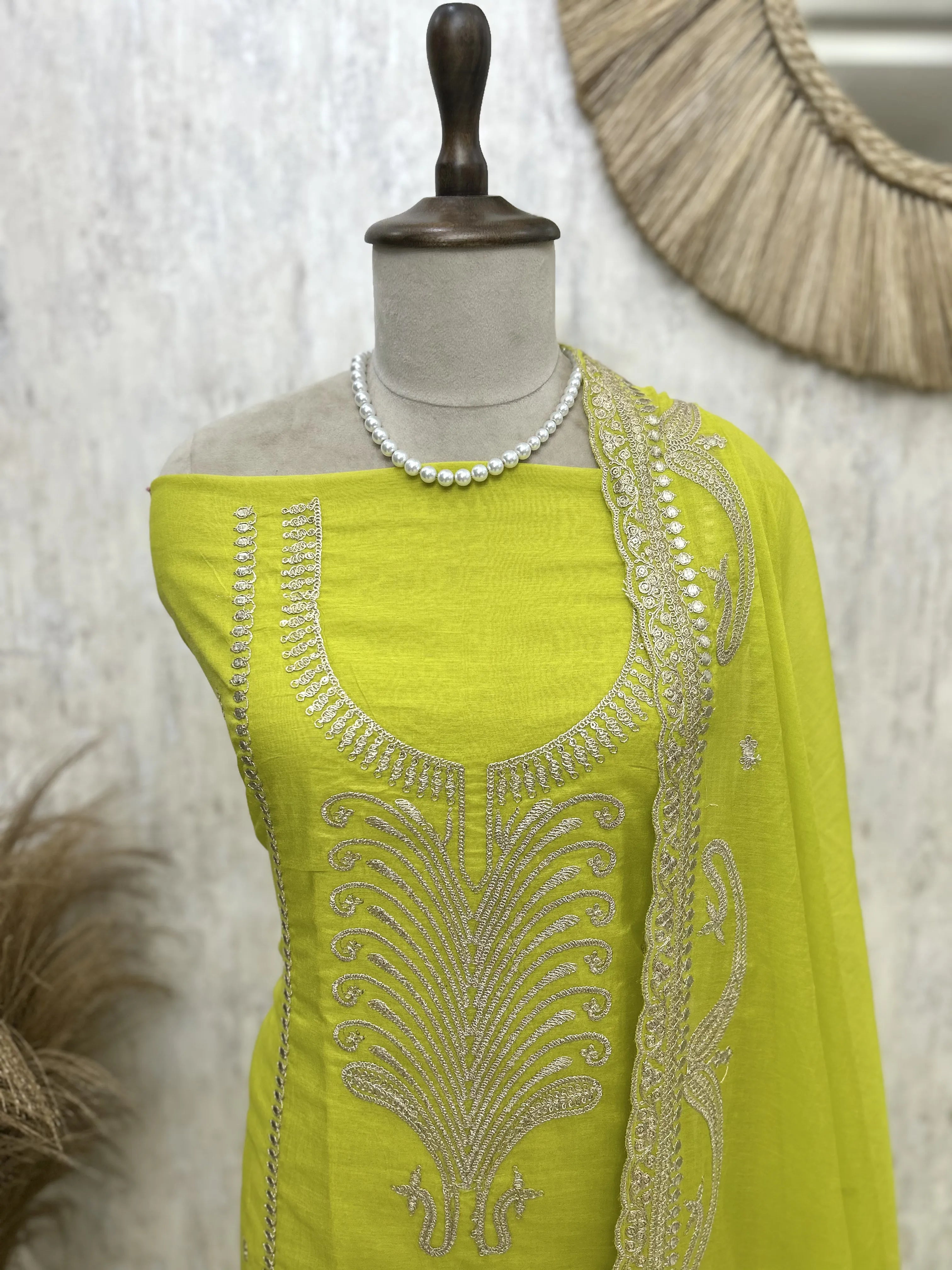 Mul Chanderi Unstitched Suit Set With Zari Work
