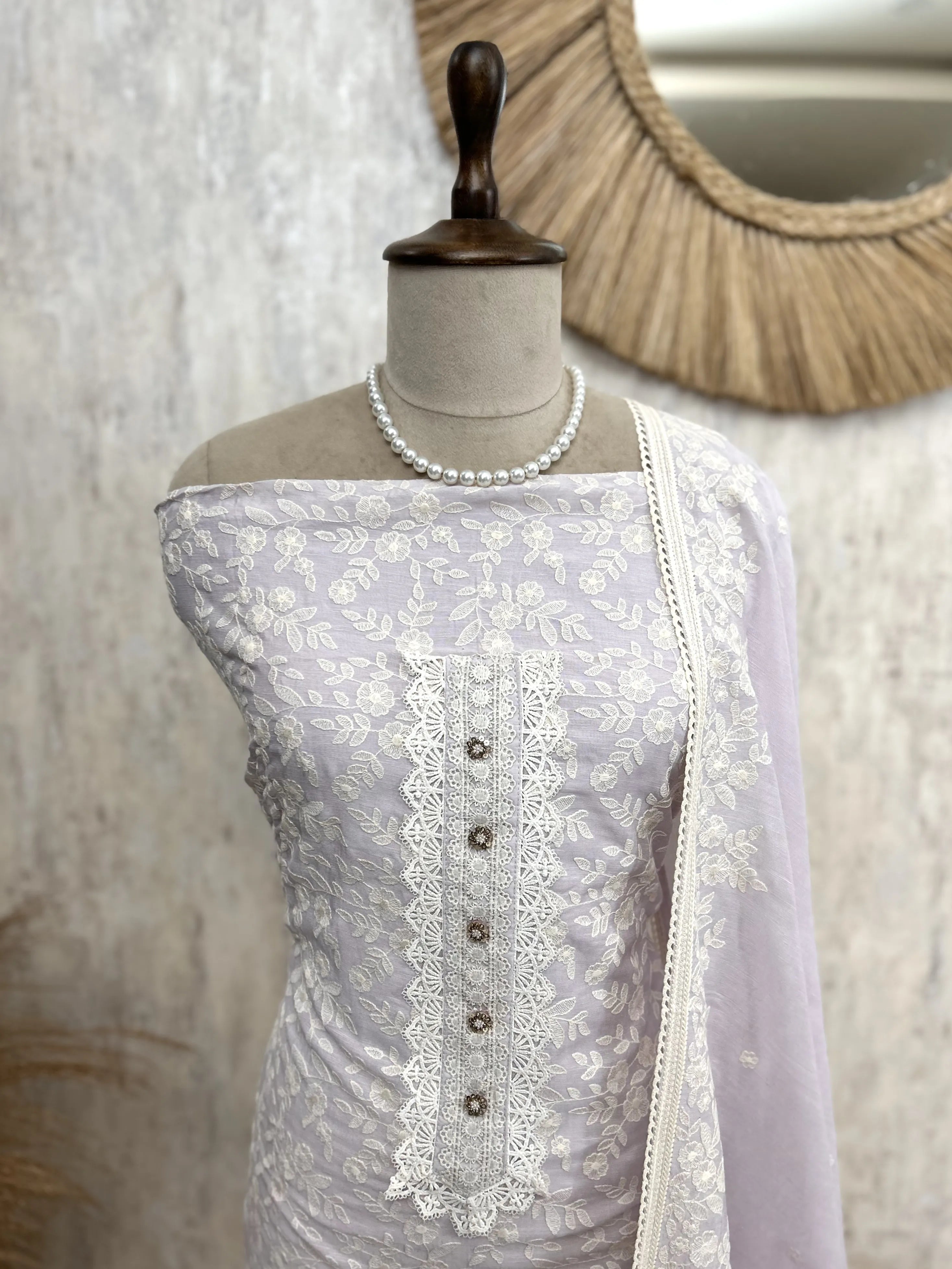 Linen Unstitched Suit Set With Thread Embroidery