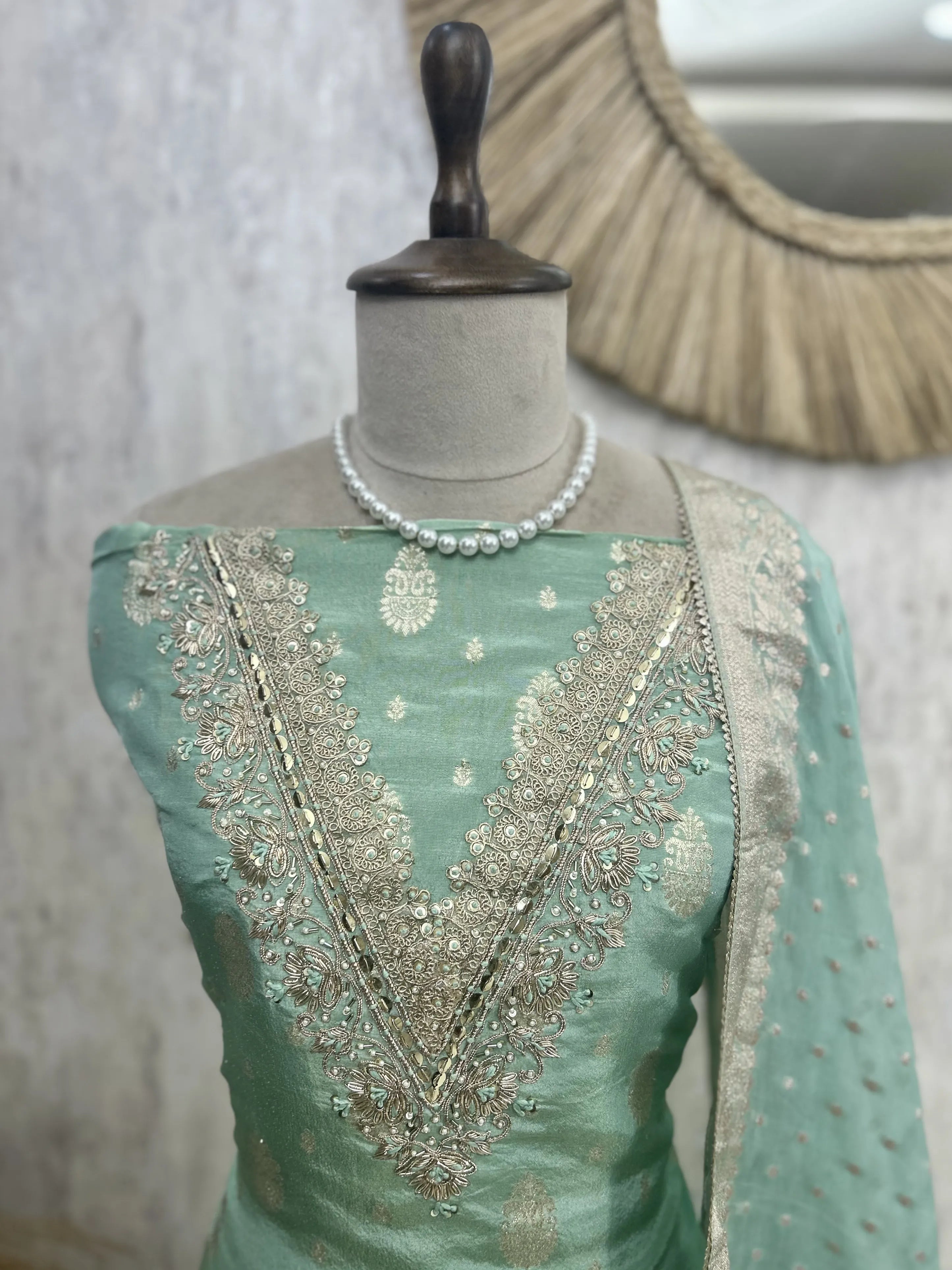 Tissue Unstitched Suit Set With Organza Dupatta
