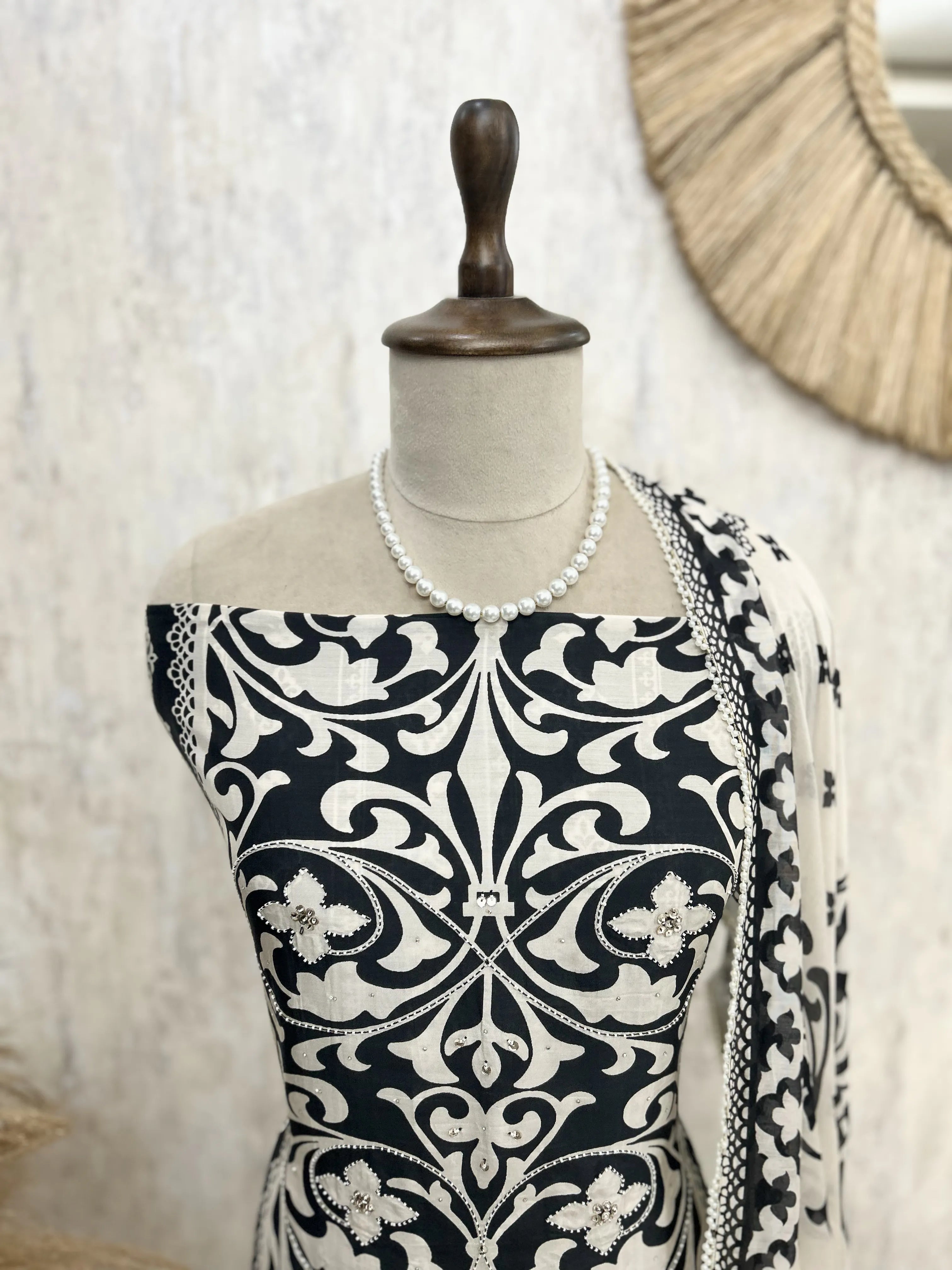 Printed Muslin Unstitched Suit Set With Detailing Of Pearl Work