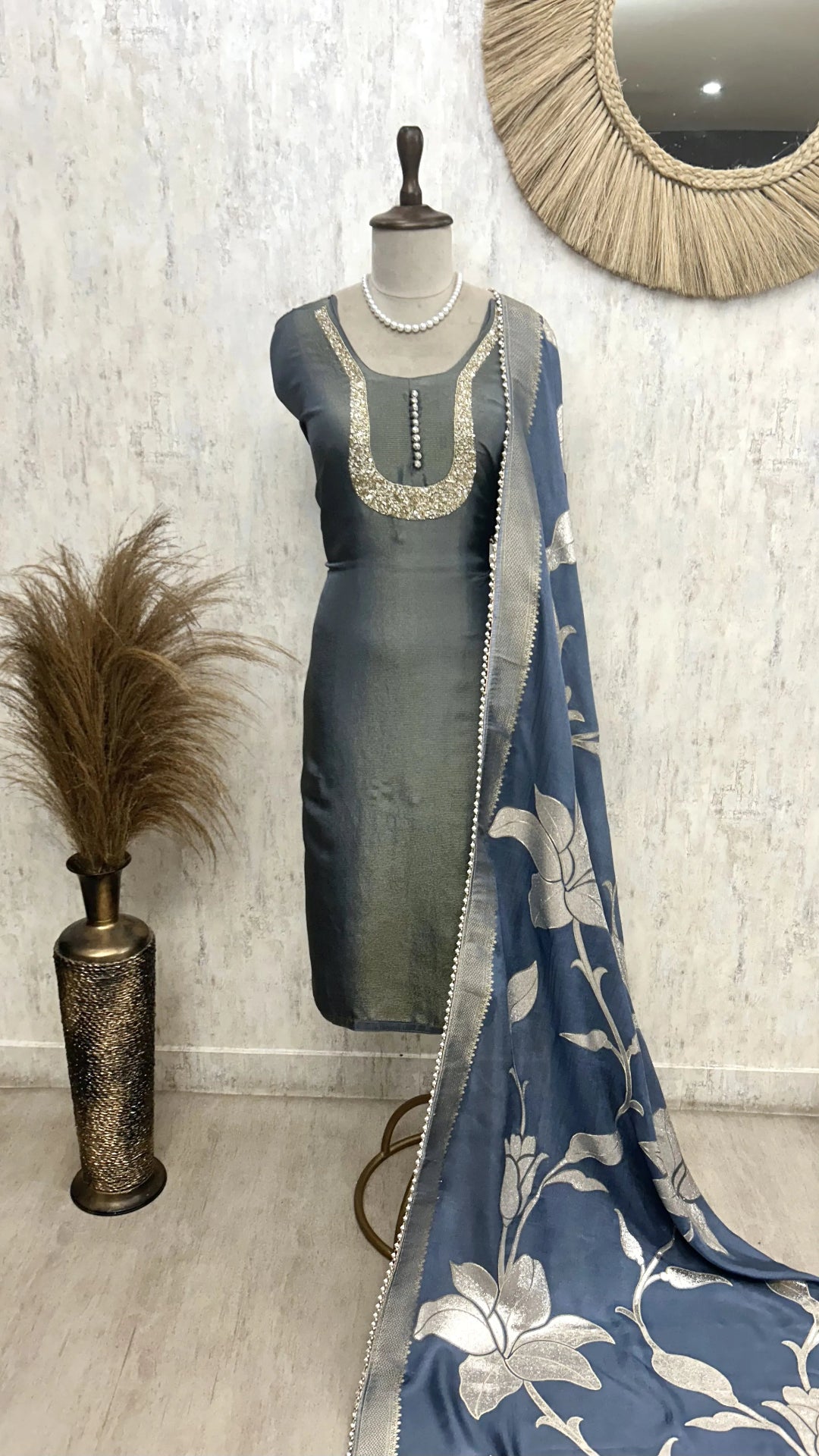 Tissue Unstitched Suit Set With Silk Dupatta And Sequence Work