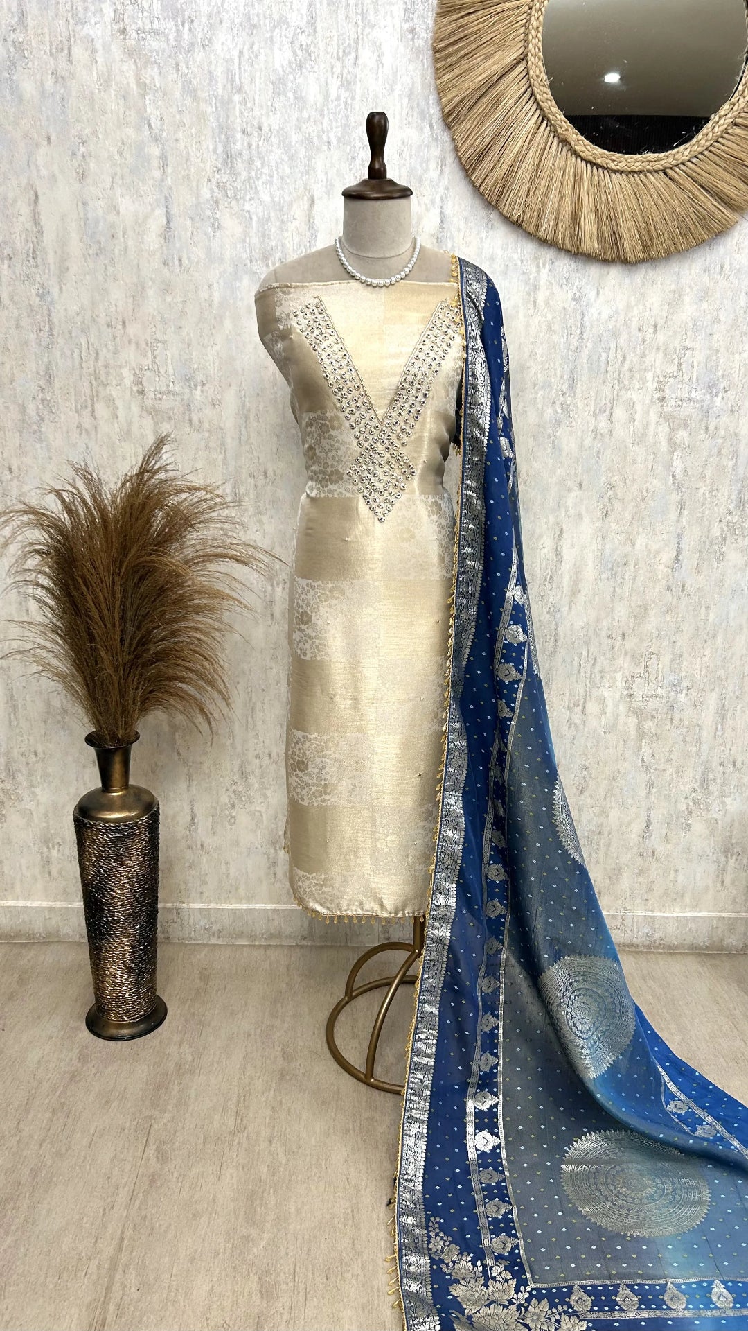 Jacquard Silk Unstitched Suit Set With Organza Dupatta