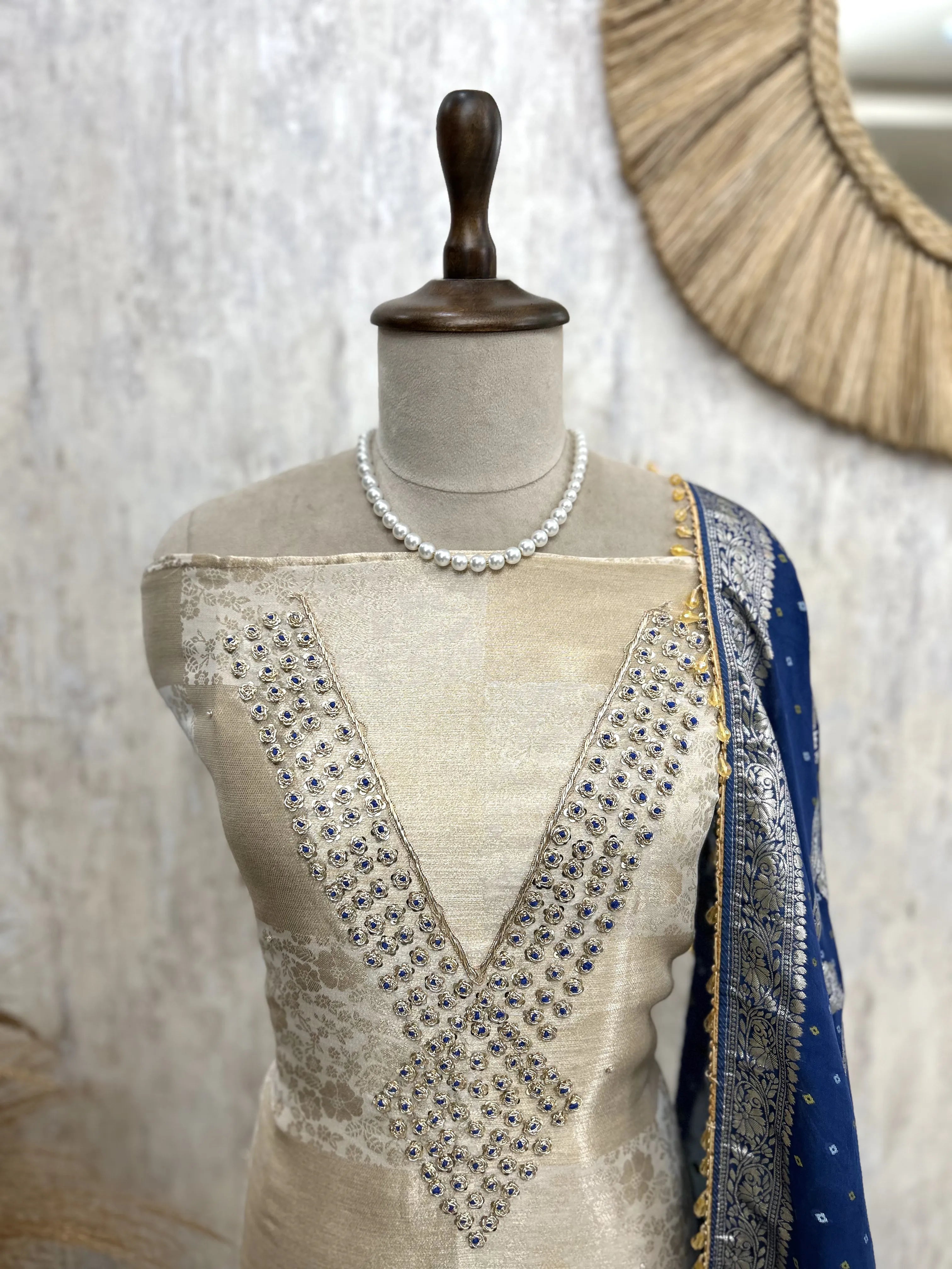 Jacquard Silk Unstitched Suit Set With Organza Dupatta