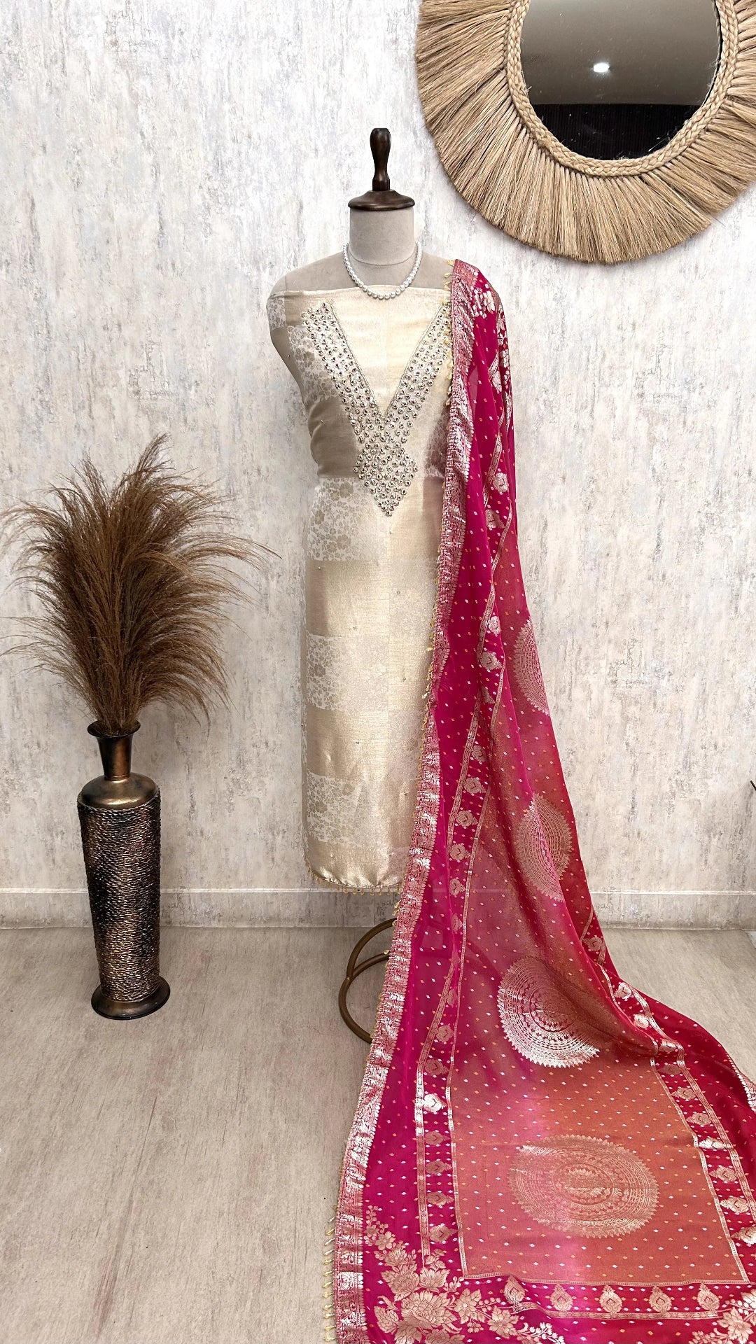 Jacquard Silk Unstitched Suit Set With Organza Dupatta