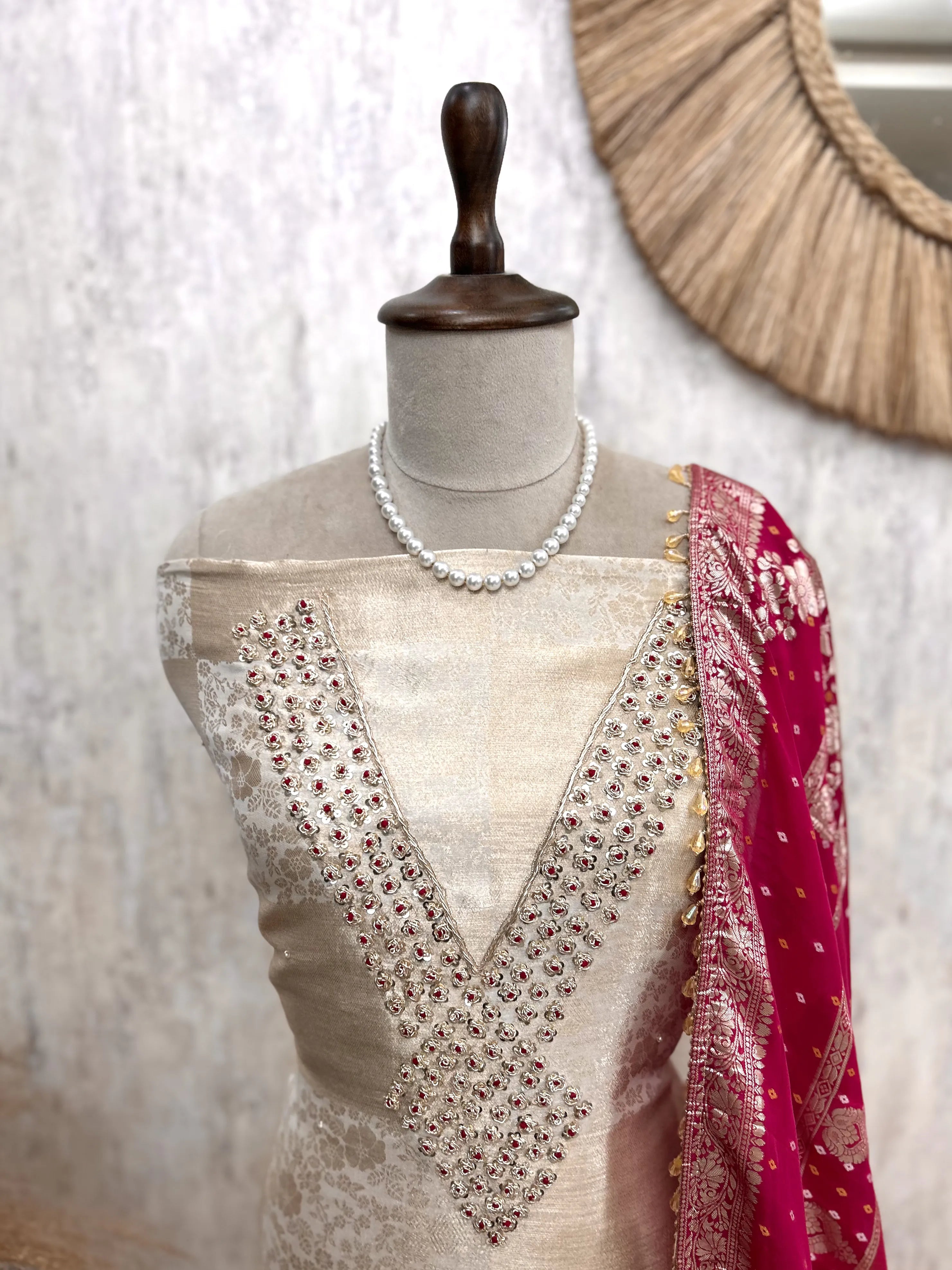 Jacquard Silk Unstitched Suit Set With Organza Dupatta