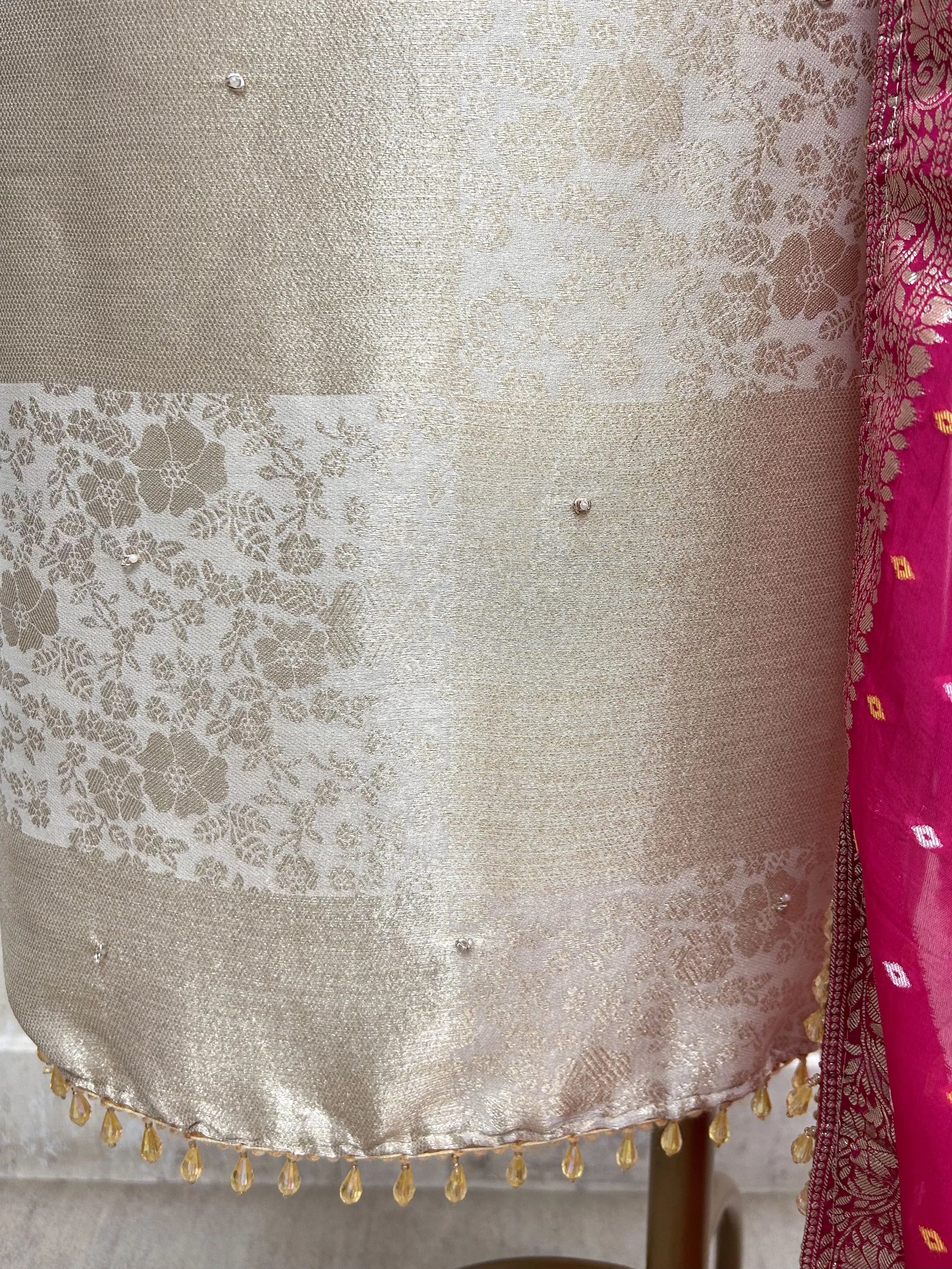Jacquard Silk Unstitched Suit Set With Organza Dupatta