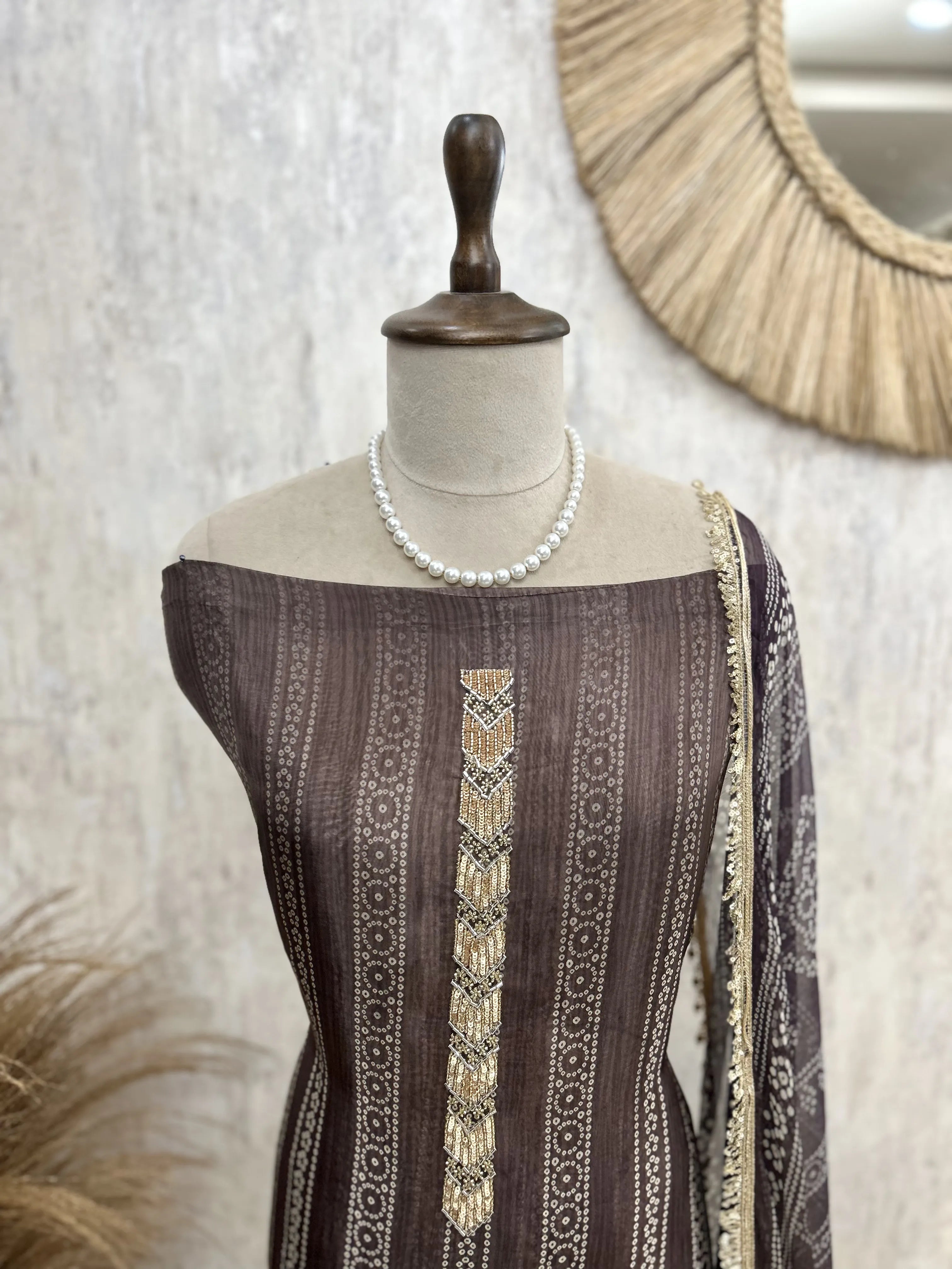 Glass Organza Unstitched Suit Set With Katdana And Sequence Detailing