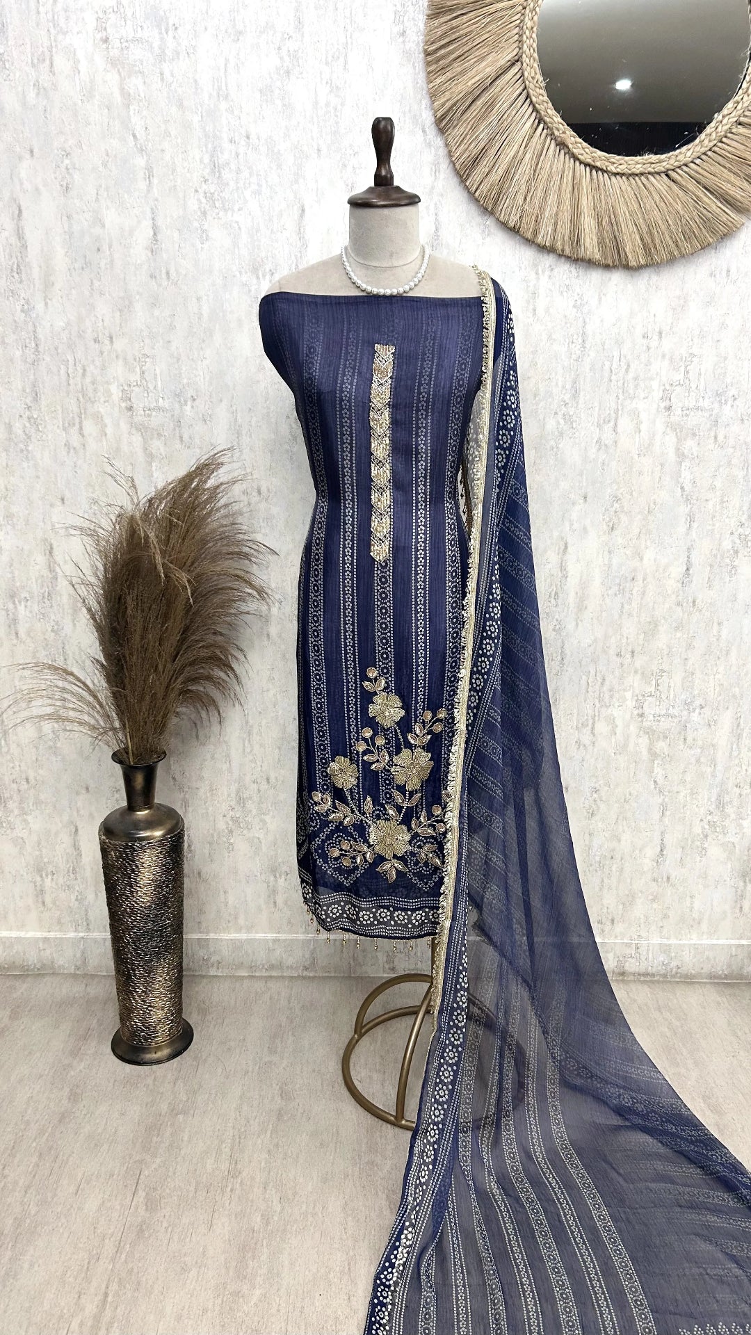 Glass Organza Unstitched Suit Set With Katdana And Sequence Detailing