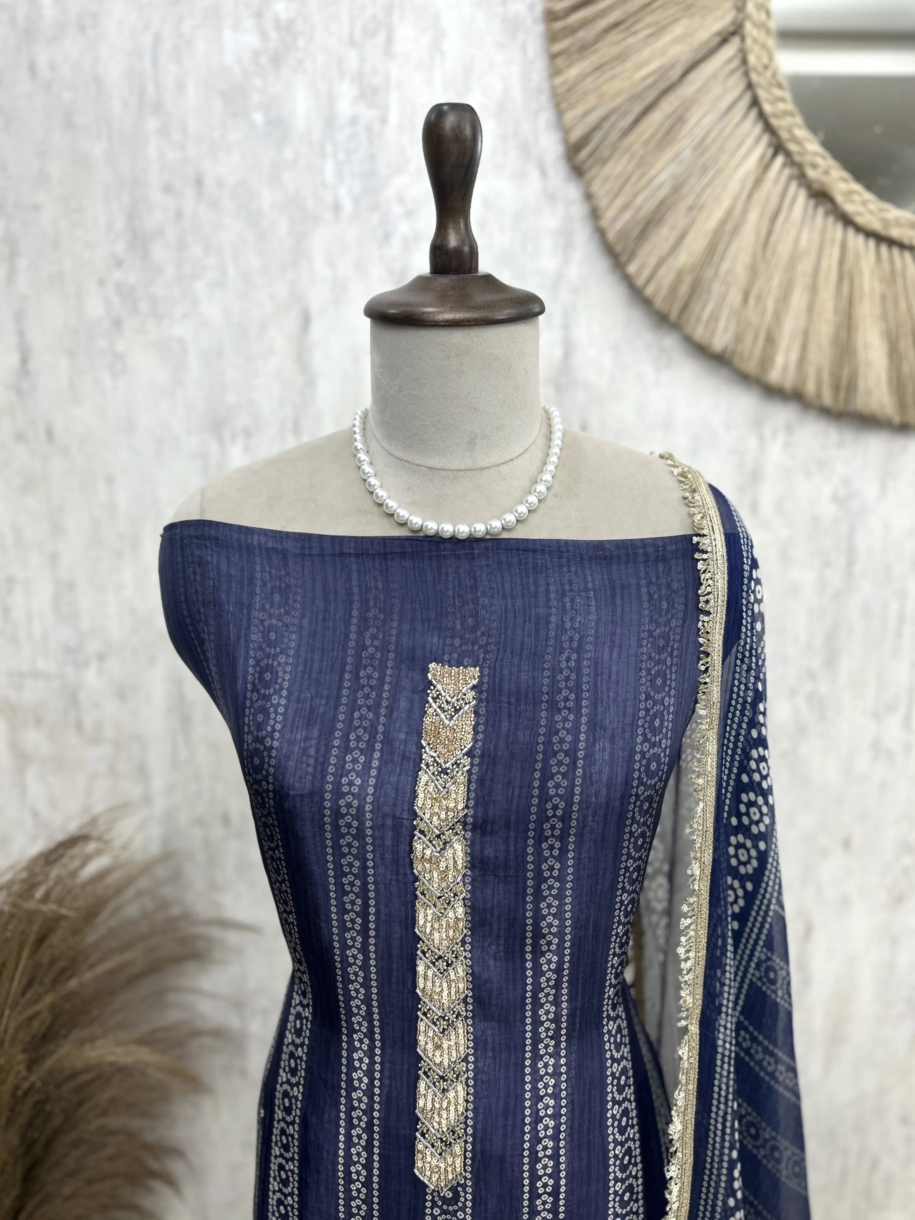 Glass Organza Unstitched Suit Set With Katdana And Sequence Detailing