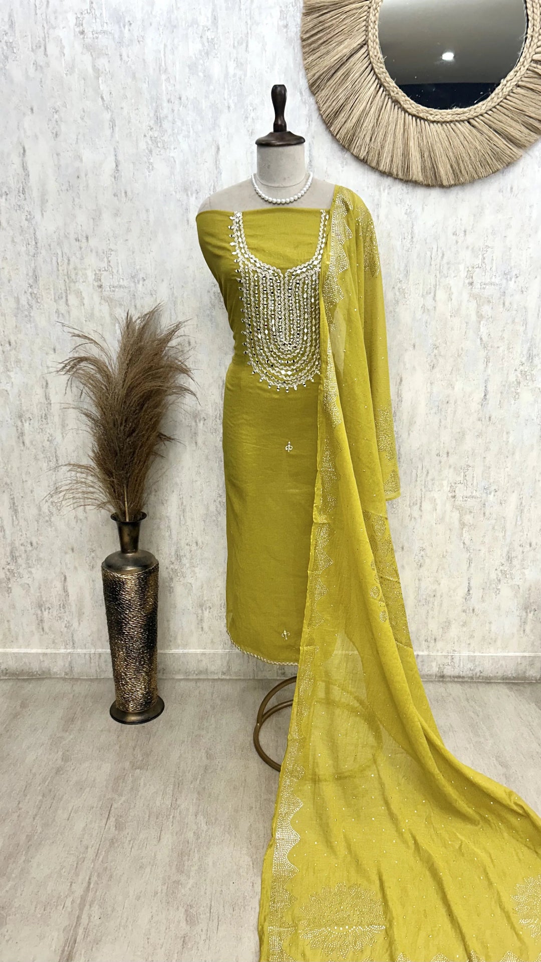 Mul Chanderi Unstitched Suit Set Featuring Mukesh Work