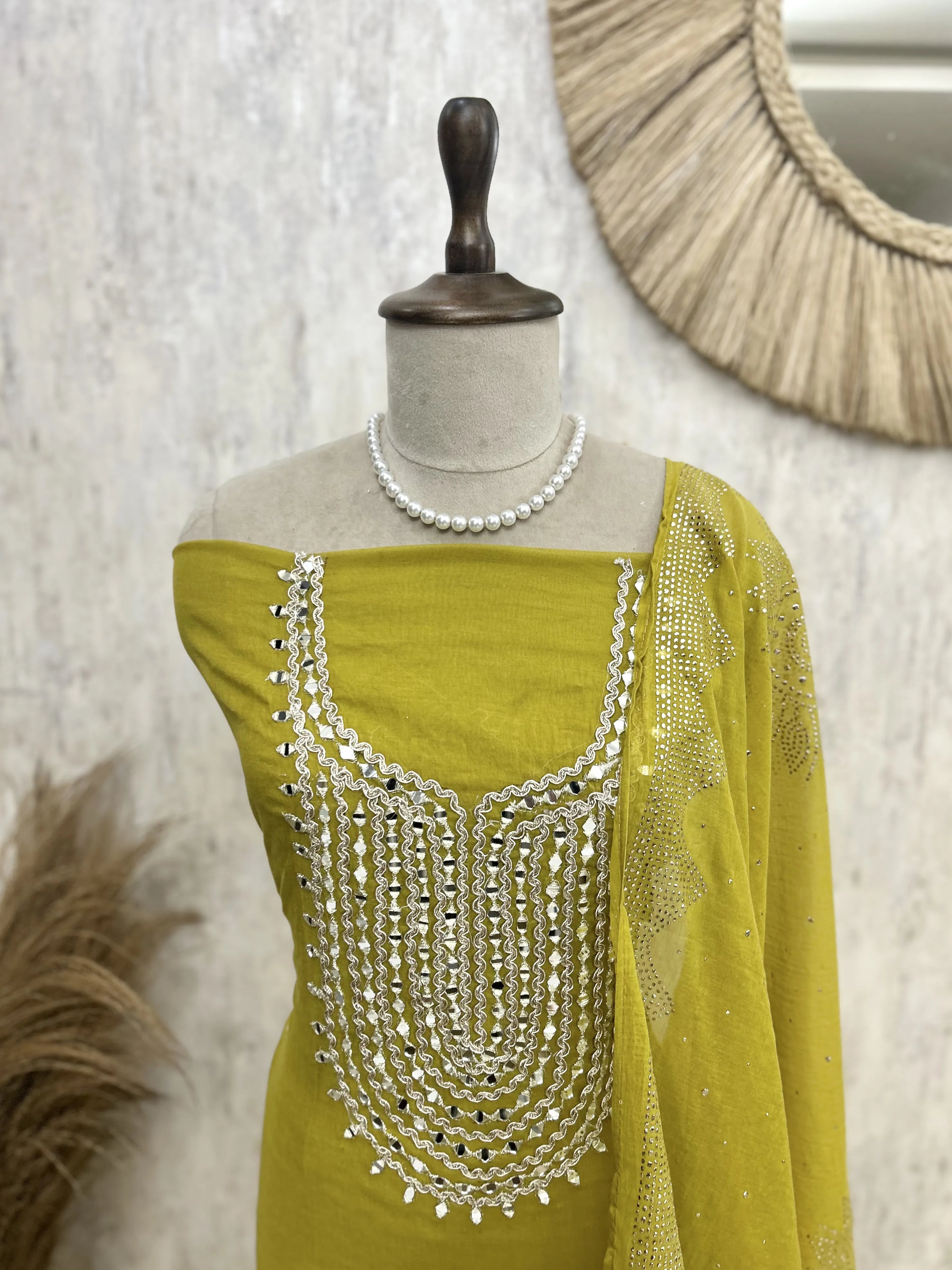 Mul Chanderi Unstitched Suit Set Featuring Mukesh Work