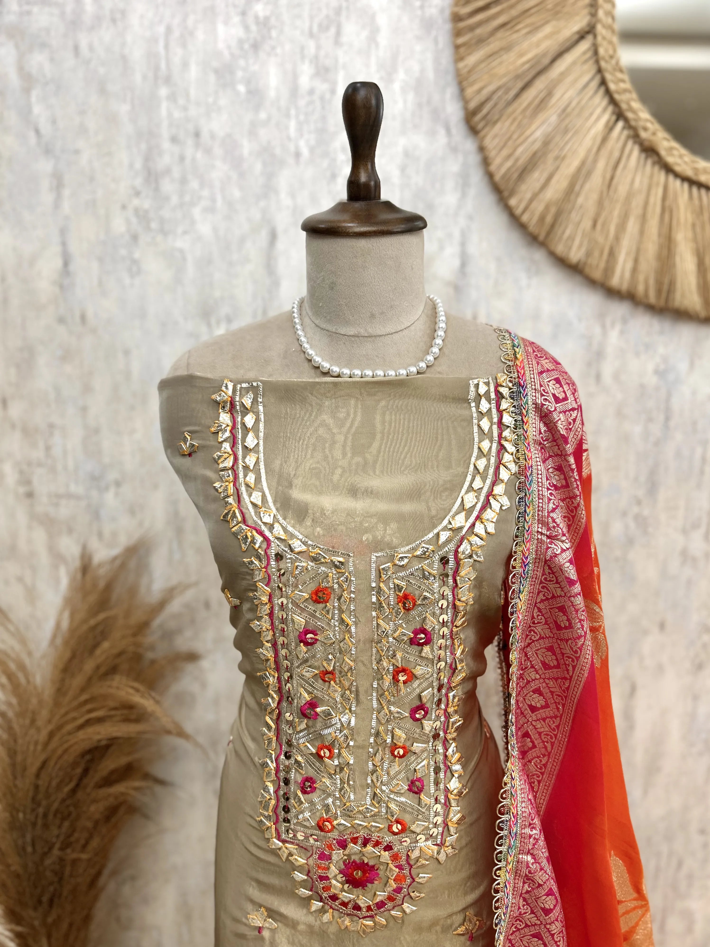 Tissue Unstitched Suit Set Featuring Organza Dupatta