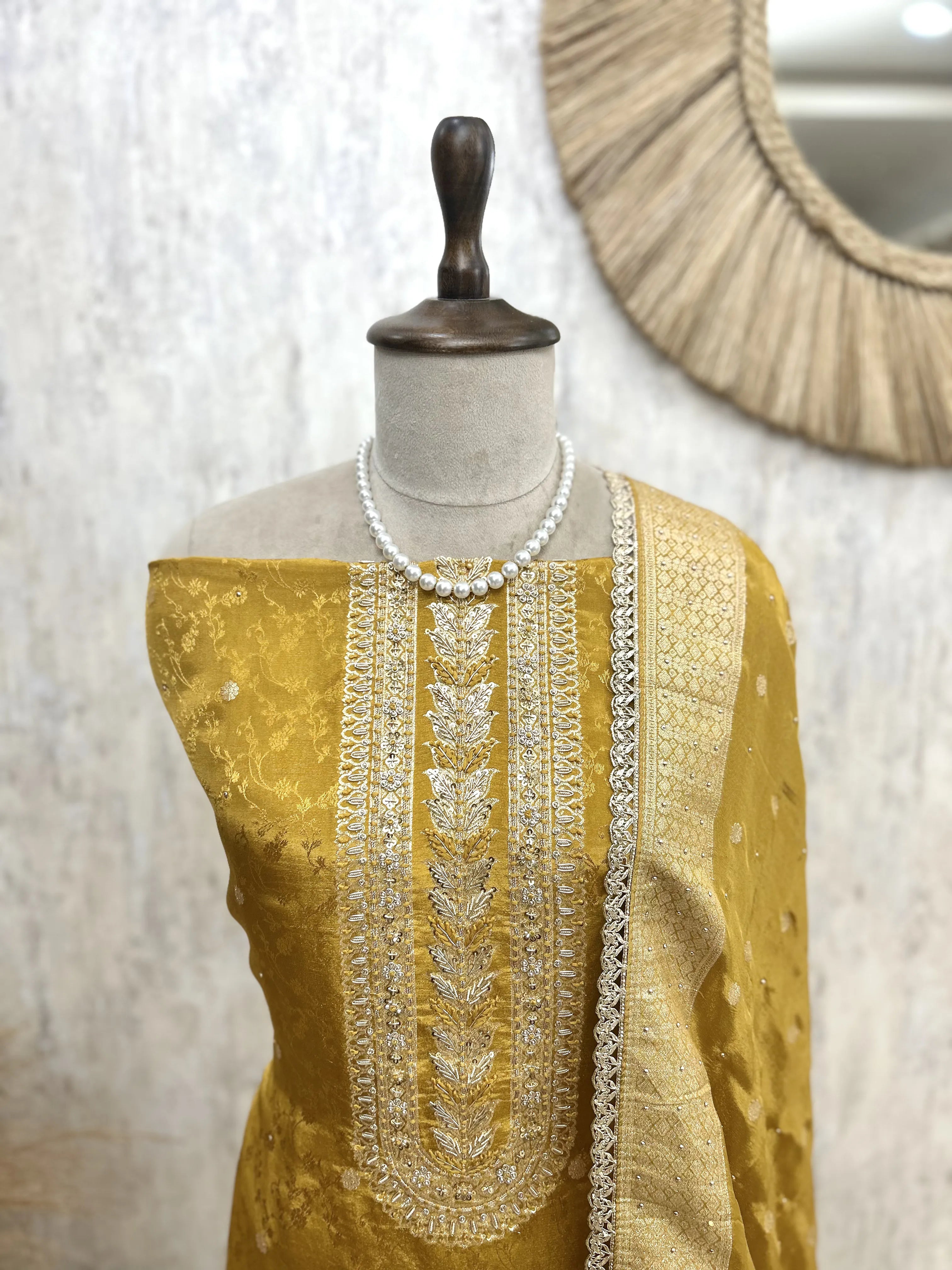 Tissue Silk Unstitched Suit Set Featuring Zardosi Work