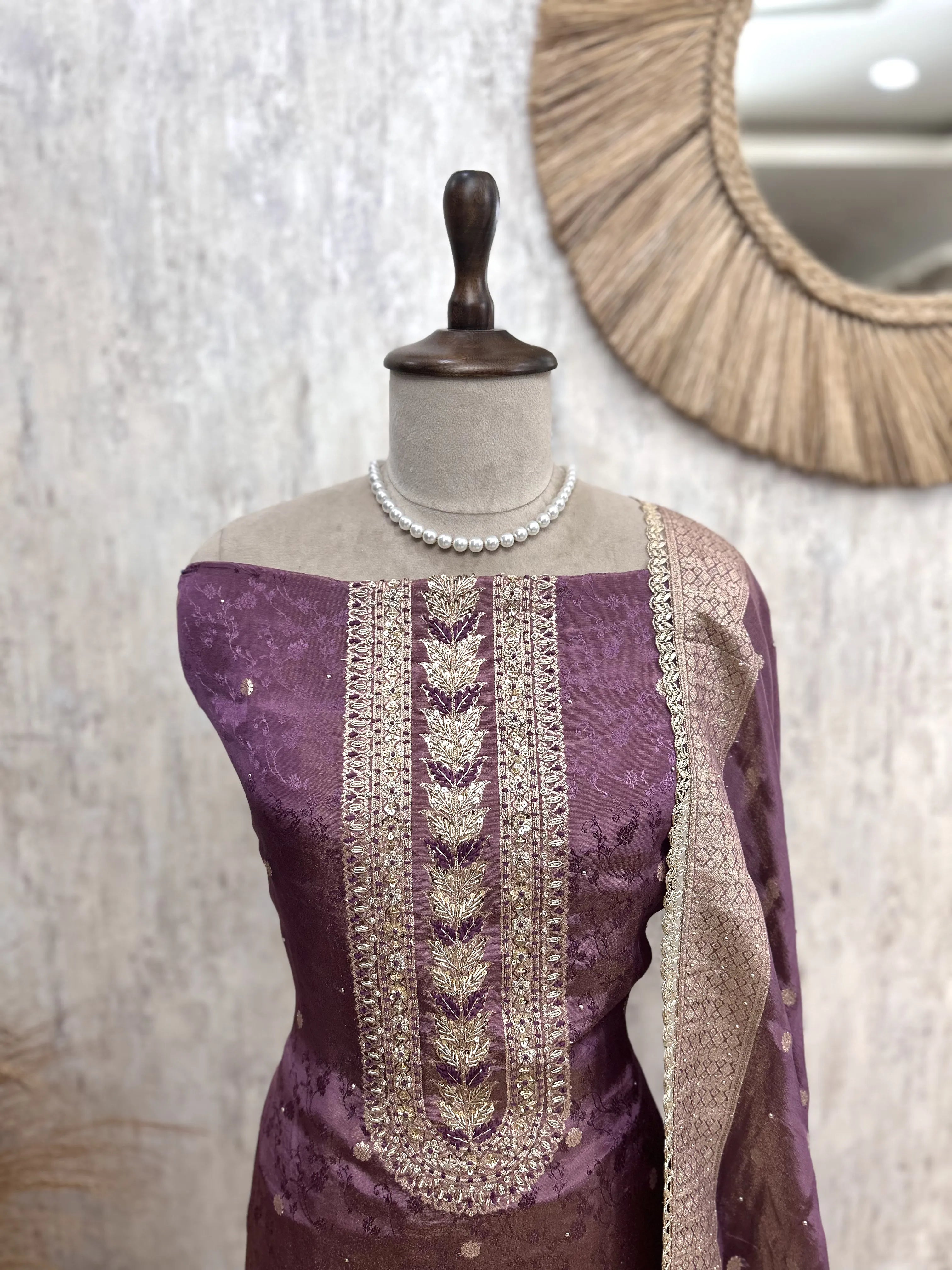 Tissue Silk Unstitched Suit Set Featuring Zardosi Work