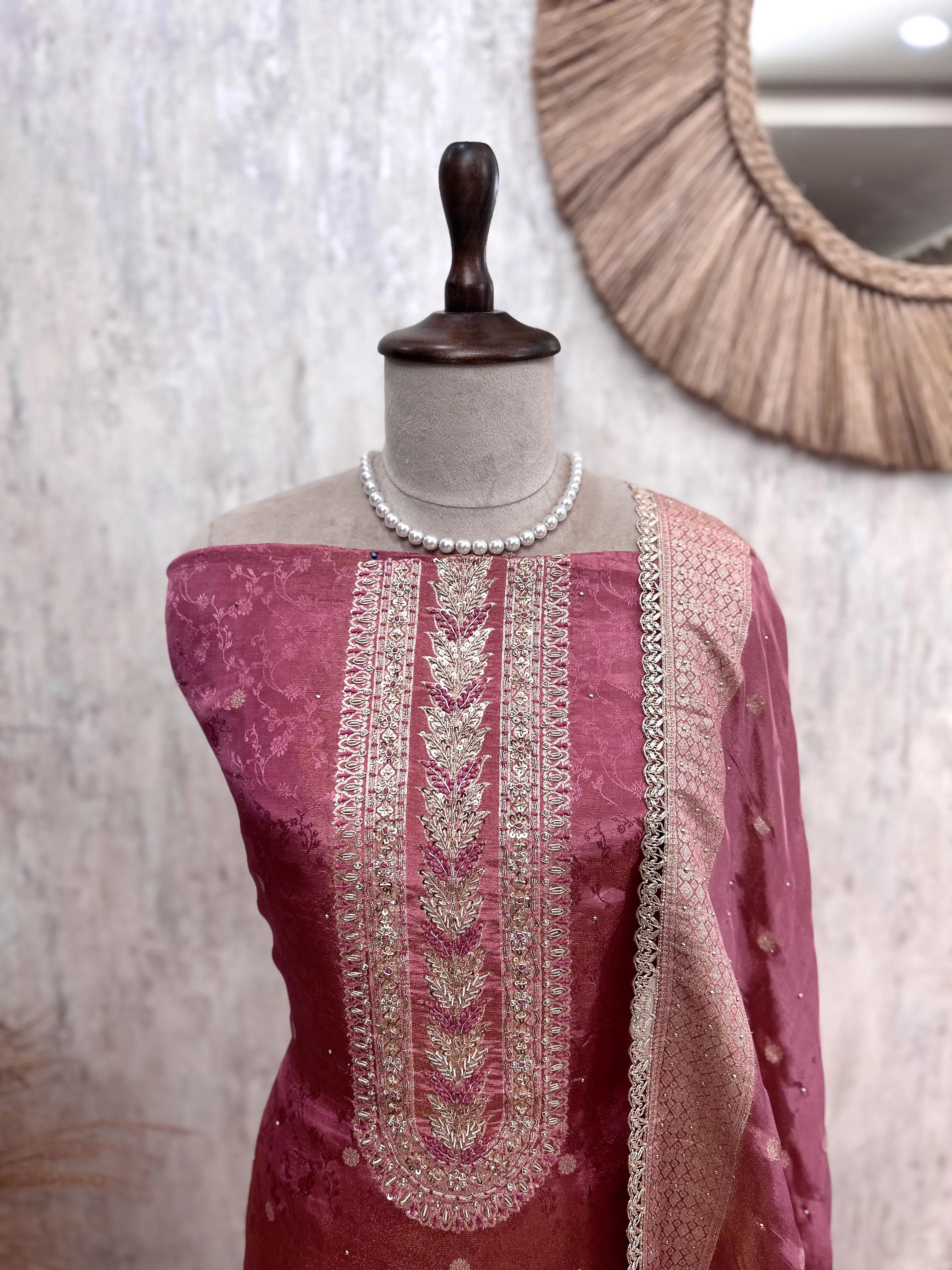 Tissue Silk Unstitched Suit Set Featuring Zardosi Work
