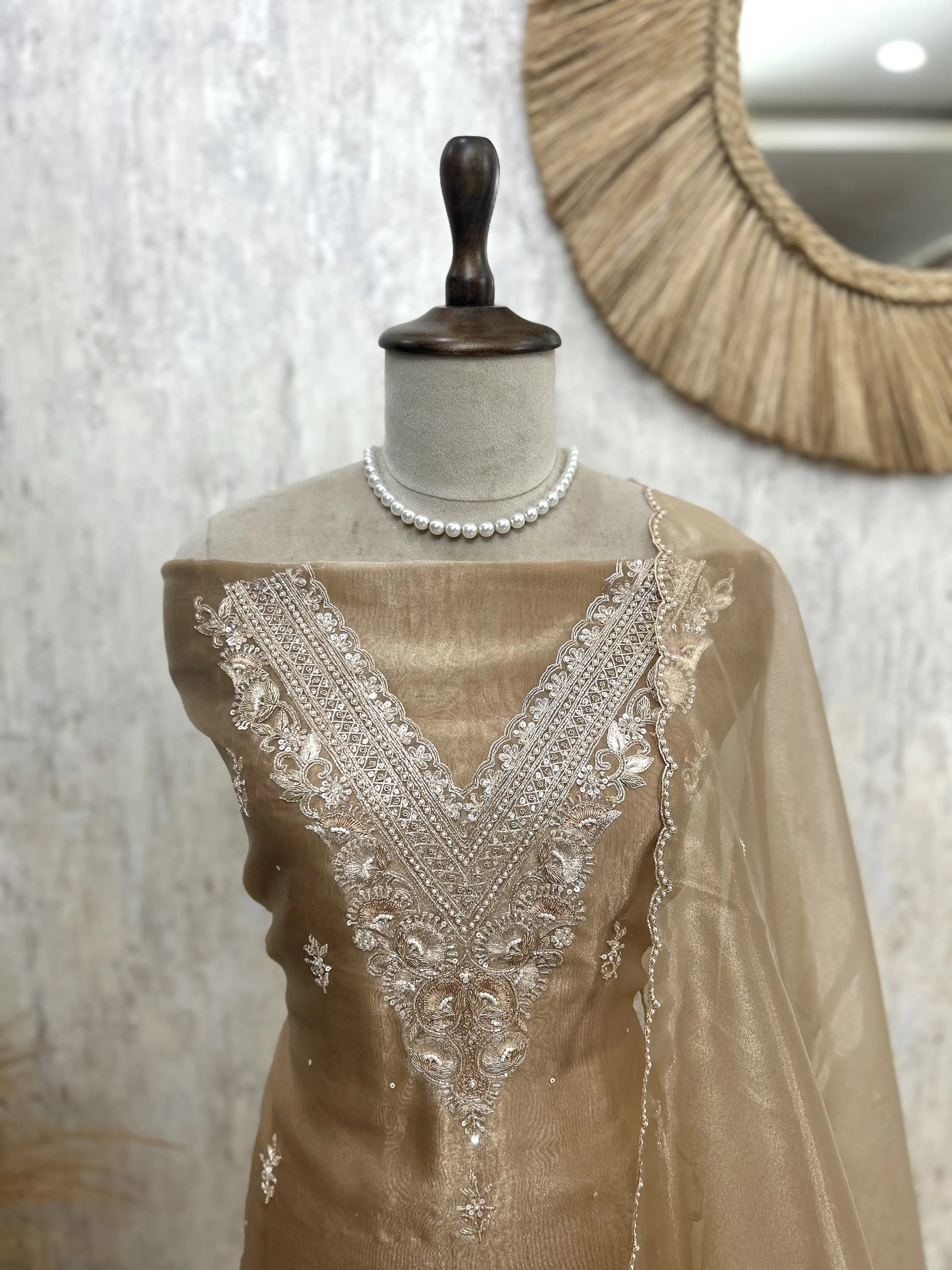 Glass Organza Unstitched Suit Set With Glass Organza Dupatta