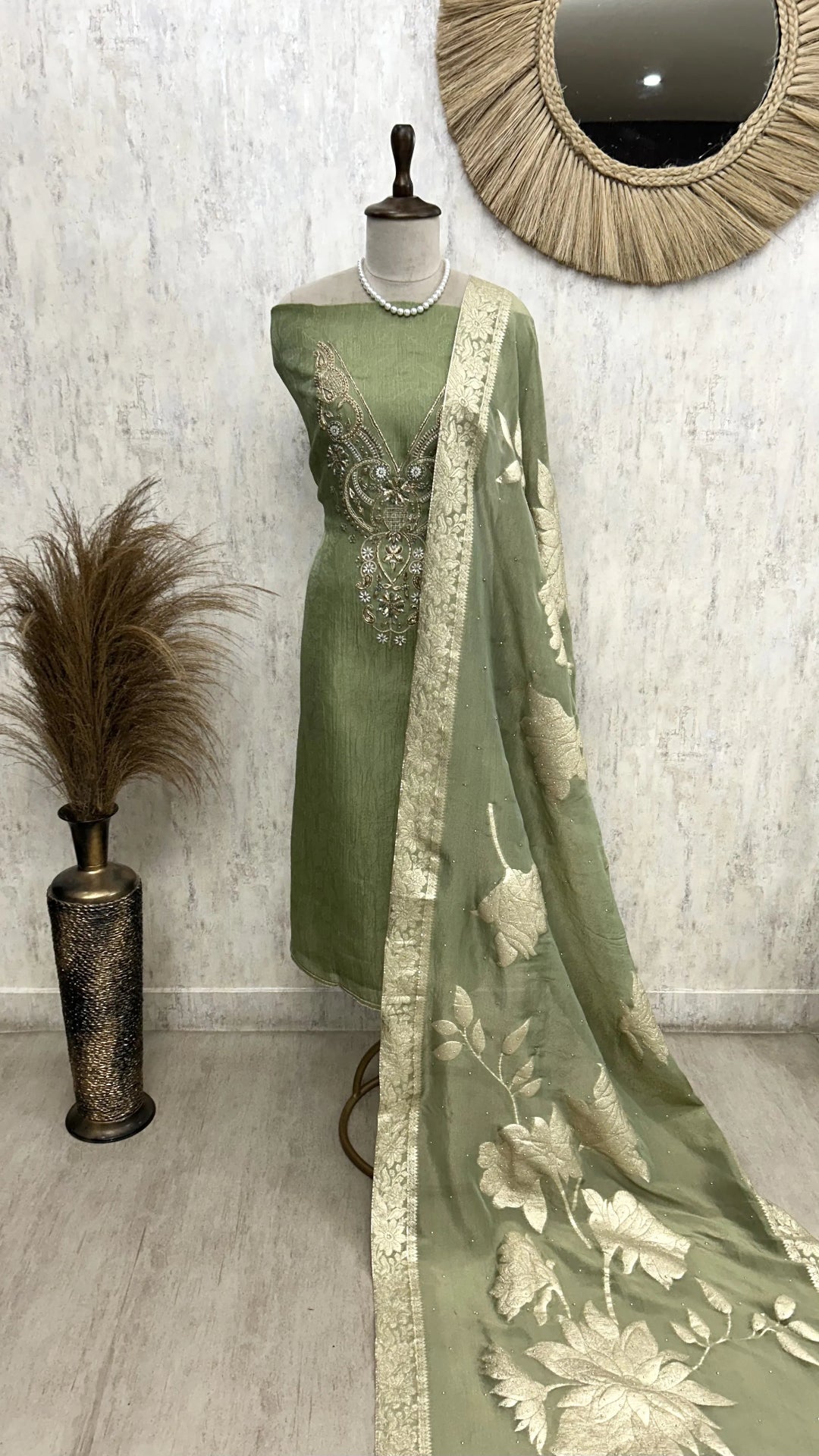 Crush Tissue Unstitched Suit Set With Zardosi Work