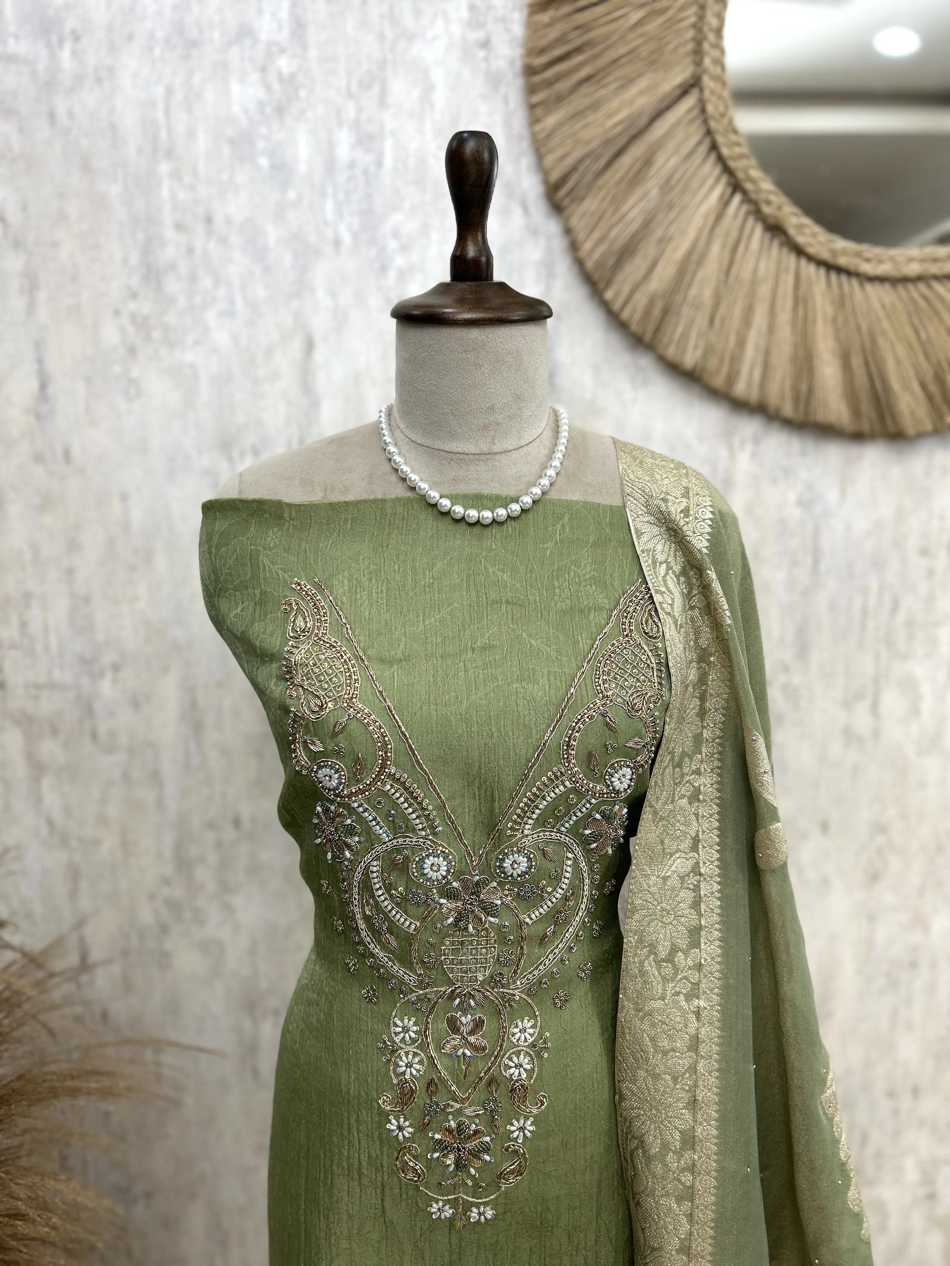 Crush Tissue Unstitched Suit Set With Zardosi Work