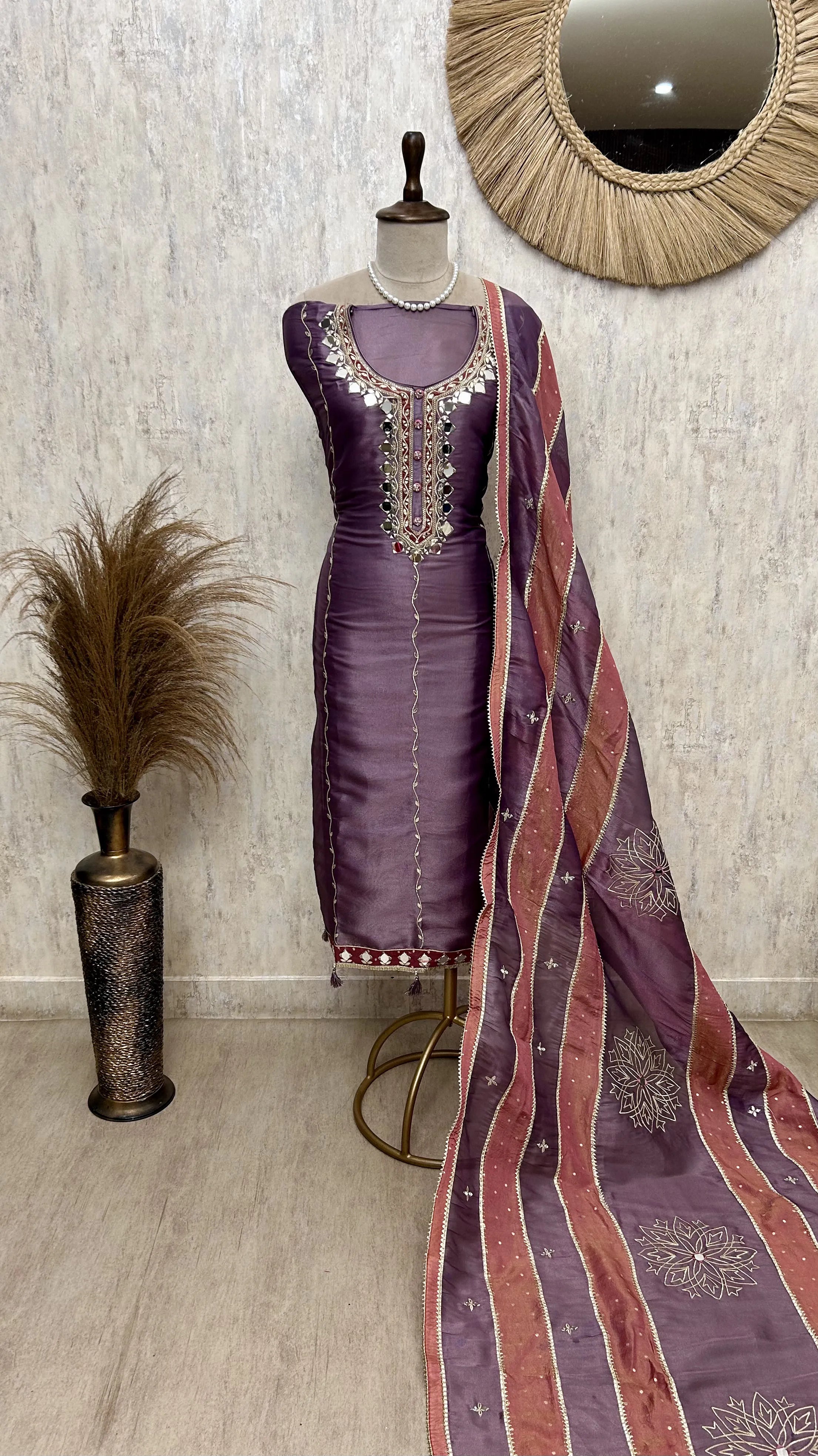 Glass Organza Unstitched Suit Set With Organza Dupatta
