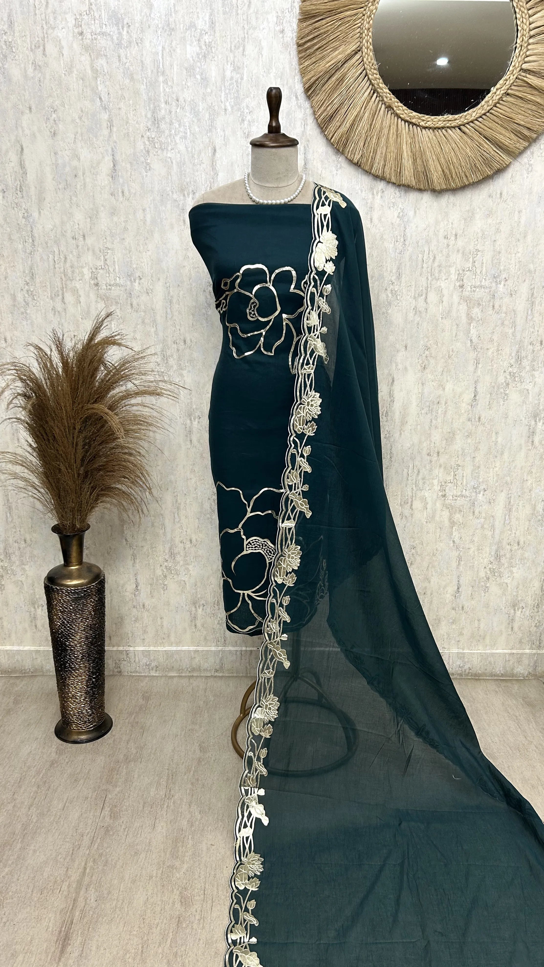Mul Chanderi Unstitched Suit Set With Mul Chanderi Dupatta