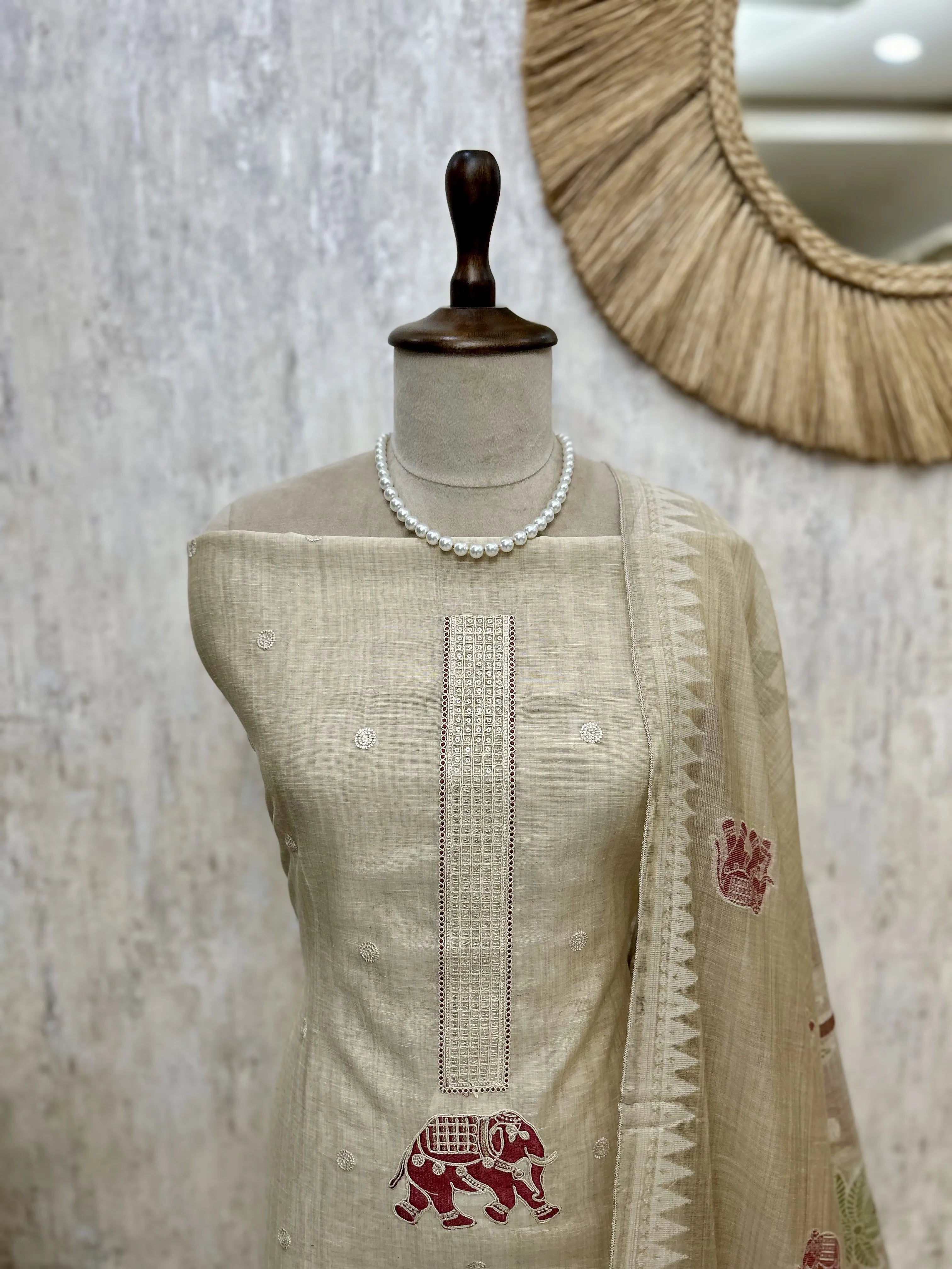 Jamdani Linen Unstitched Suit Set Featuring Applique Work