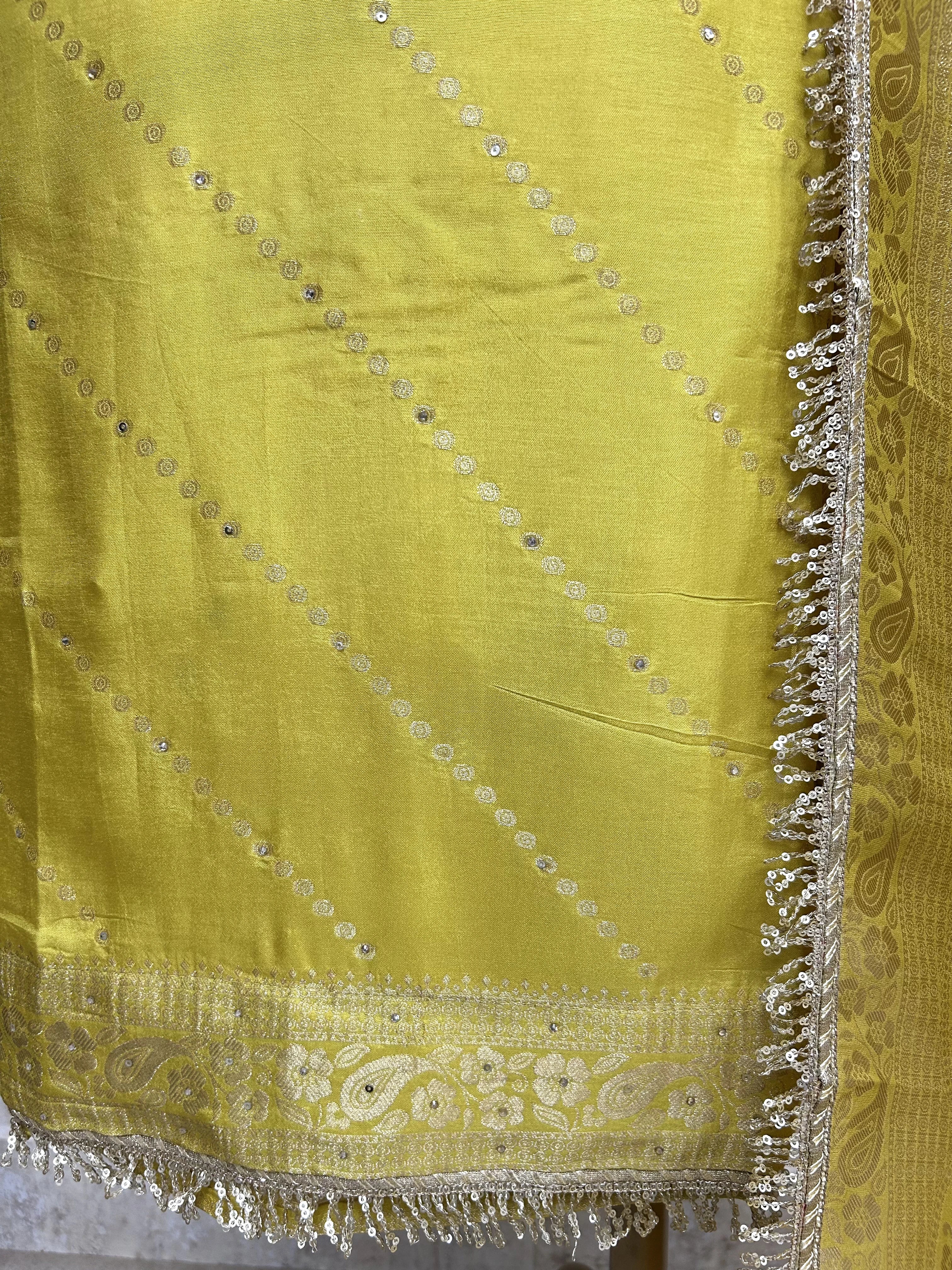 "Close-up of Mustard Yellow Banarasi Silk Suit Hem with Zari Embroidery, Sequin Detailing, and Woven Border â€“ Buy Unstitched Suit Set Online"